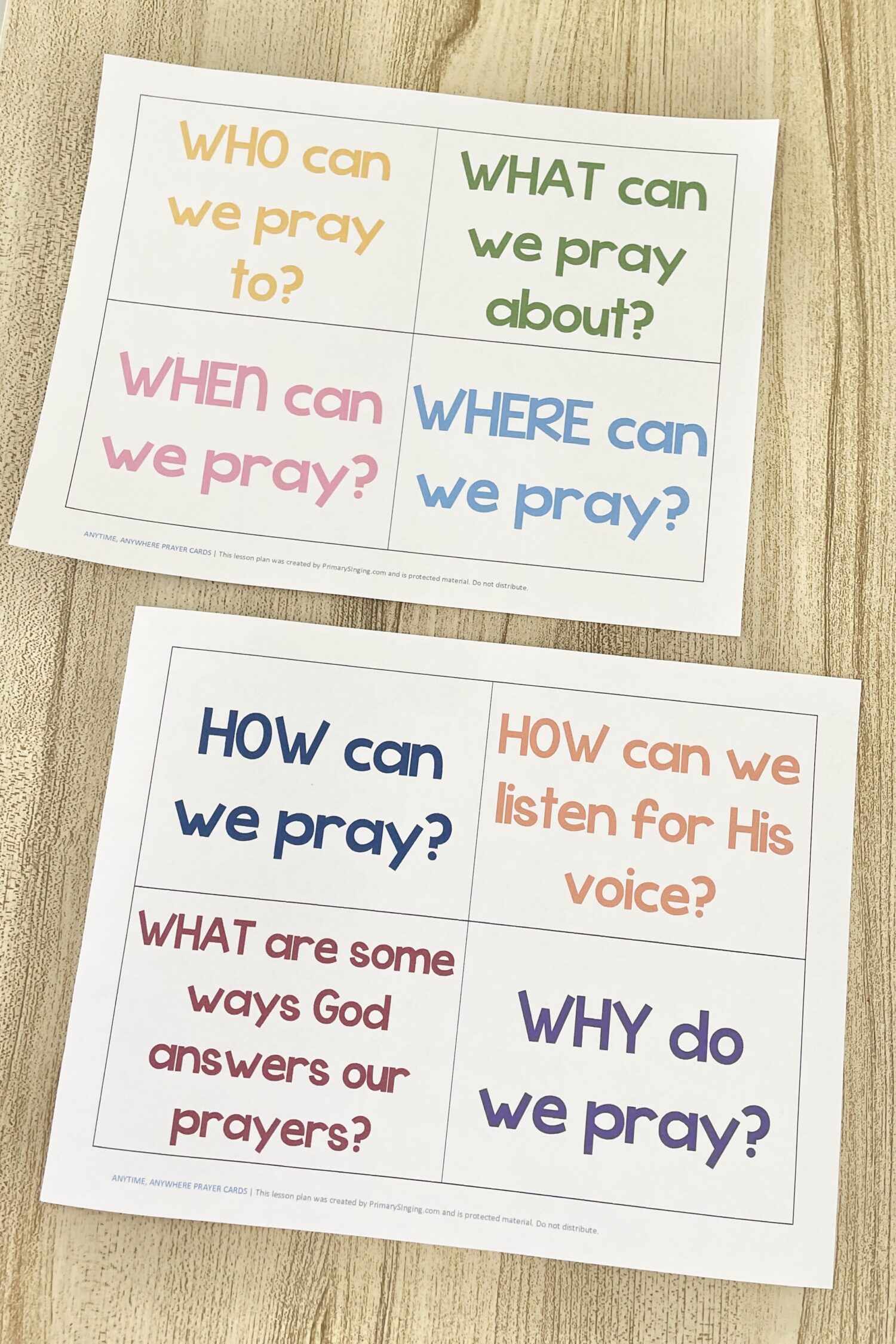 Anytime, Anywhere Prayer Cards 2 Anytime, Anywhere Prayer Cards - Answer questions about prayer to help your primary children strengthen their testimonies of prayer as you teach this song in primary with printable song helps for LDS Primary Music Leaders.