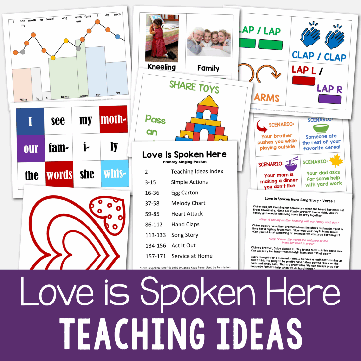 Love is Spoken Here Teaching Ideas for Singing Time includes 8 fun activities and lesson plans to help you easily teach this song including hand actions, egg carton music, melody chart, hand claps, heart attack, song story, act it out, and service at home. Printable song helps for LDS Primary music leaders and Come Follow Me for Families.