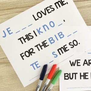 Jesus Loves Me Missing Letters - Solve for each incomplete word by filling in the missing letters for a fun logical conclusions activity with printable song helps for LDS Primary Music Leaders.