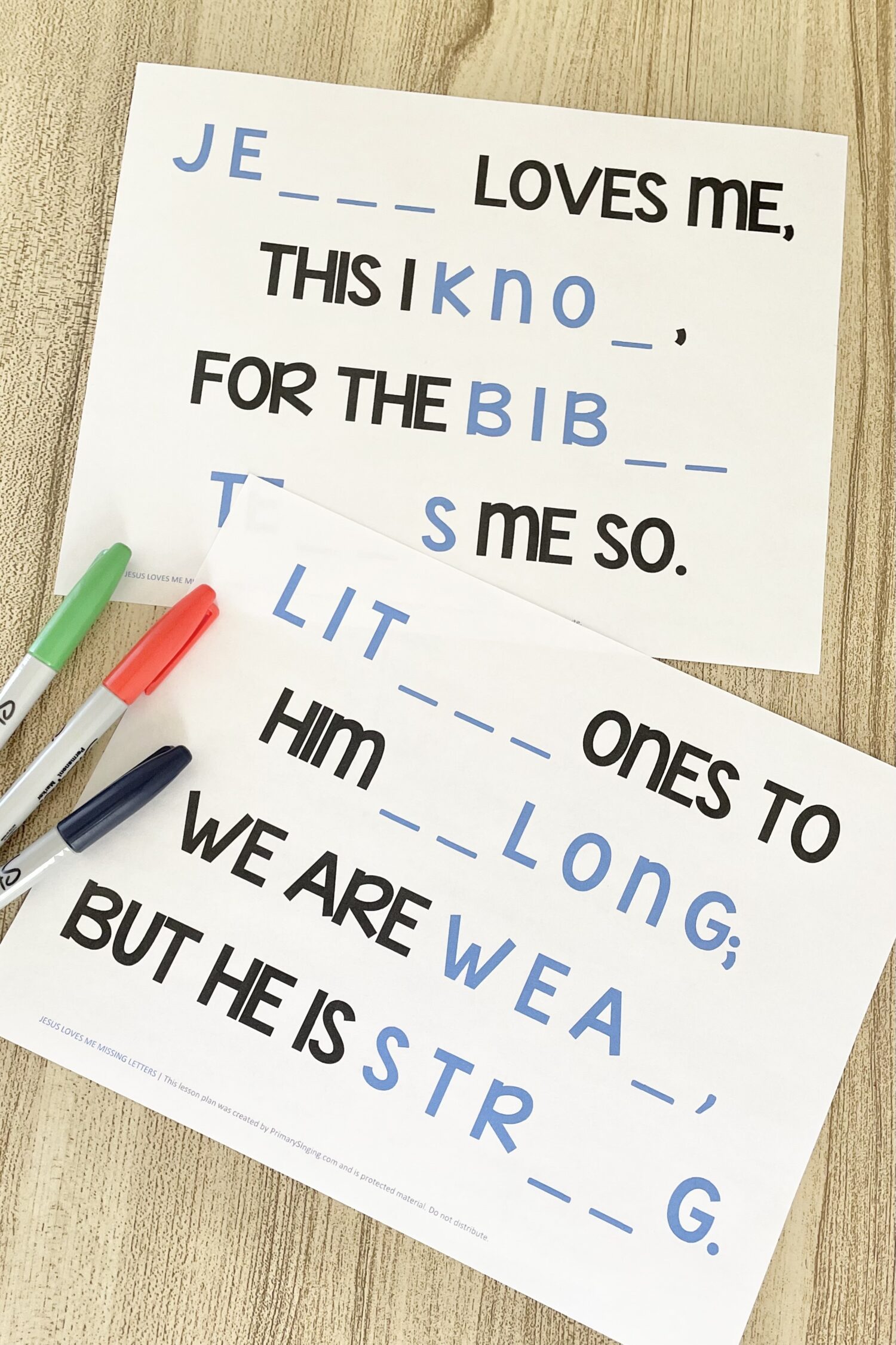 Jesus Loves Me Missing Letters - Solve for each incomplete word by filling in the missing letters for a fun logical conclusions activity with printable song helps for LDS Primary Music Leaders.