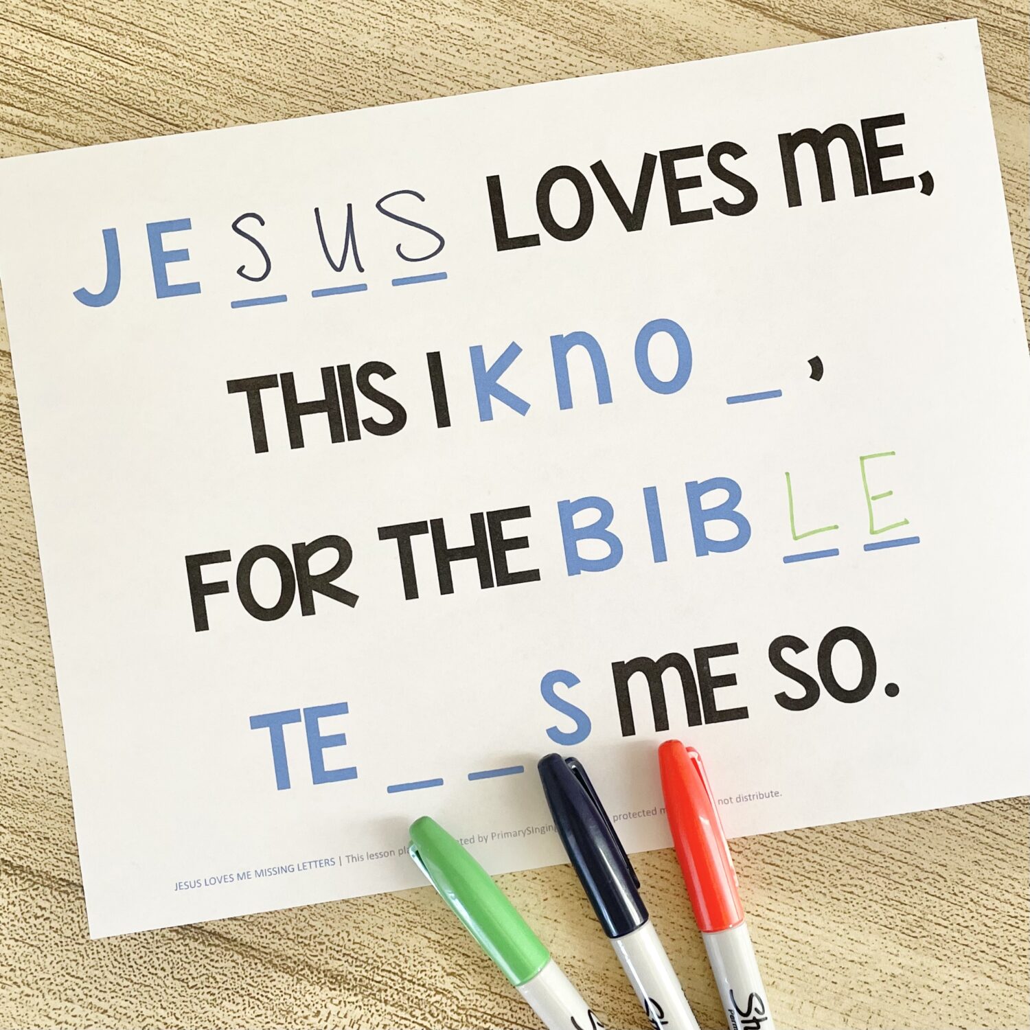 Jesus Loves Me Missing Letters - Solve for each incomplete word by filling in the missing letters for a fun logical conclusions activity with printable song helps for LDS Primary Music Leaders.