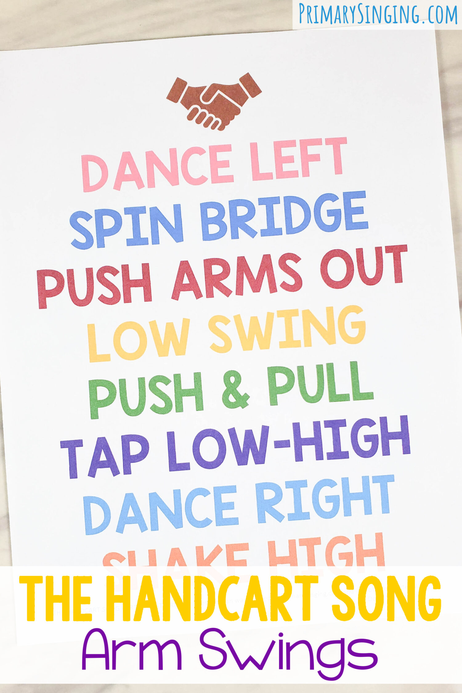The Handcart Song Arm Swings 1 The Handcart Song Arm Swings pattern is a fun and engaging partner activity for Singing time! Can you swing along with your friend following these movement actions? Find the lesson plan and printable song helps for LDS primary music leaders.