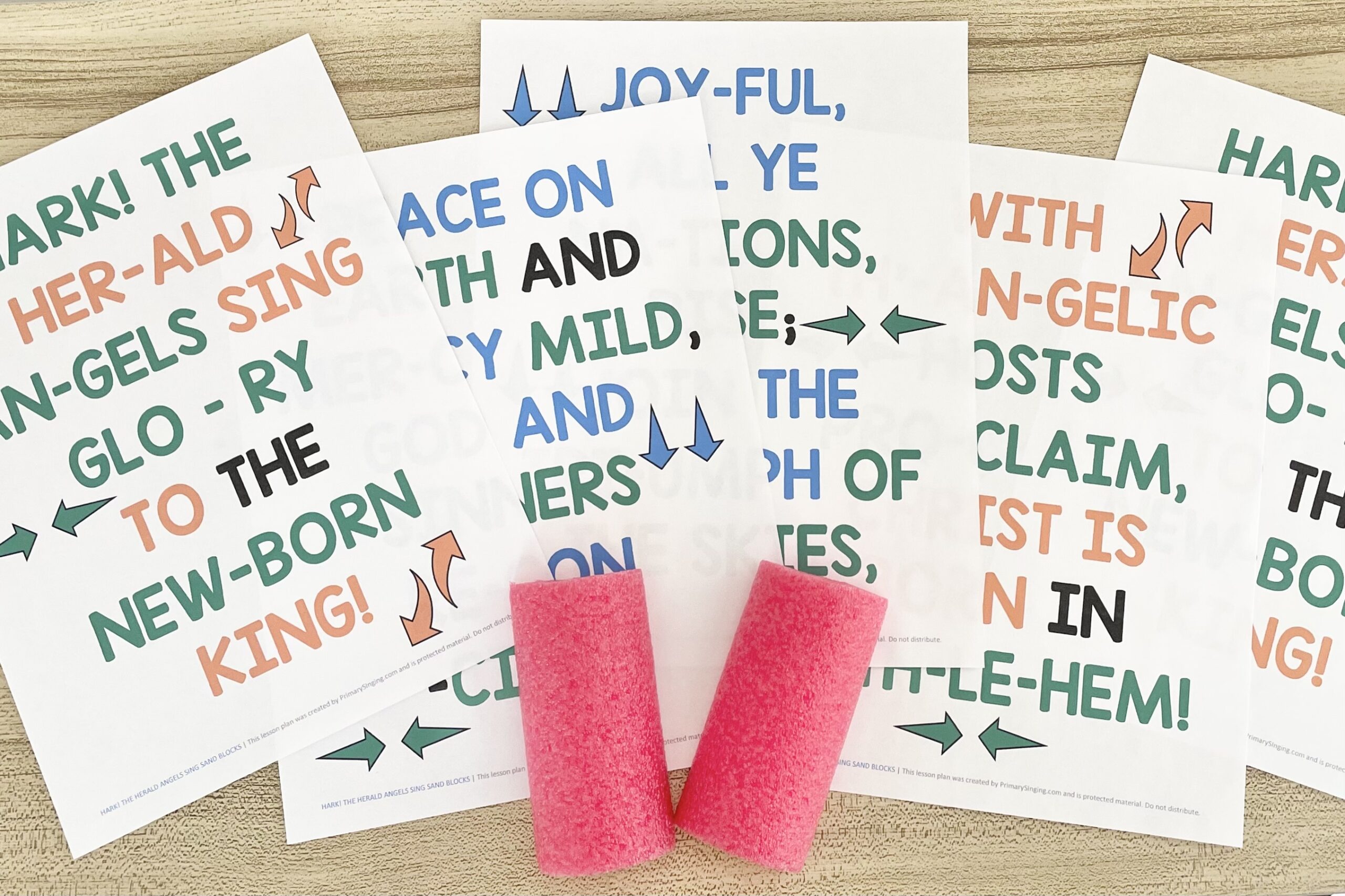 150+ Christmas Singing Time Ideas by Song! 19 Hark the Herald Angels Sing Sand Blocks - Try this rhythm pattern using homemade sand block instruments for an engaging singing time idea with printable song helps for LDS Primary Music Leaders.