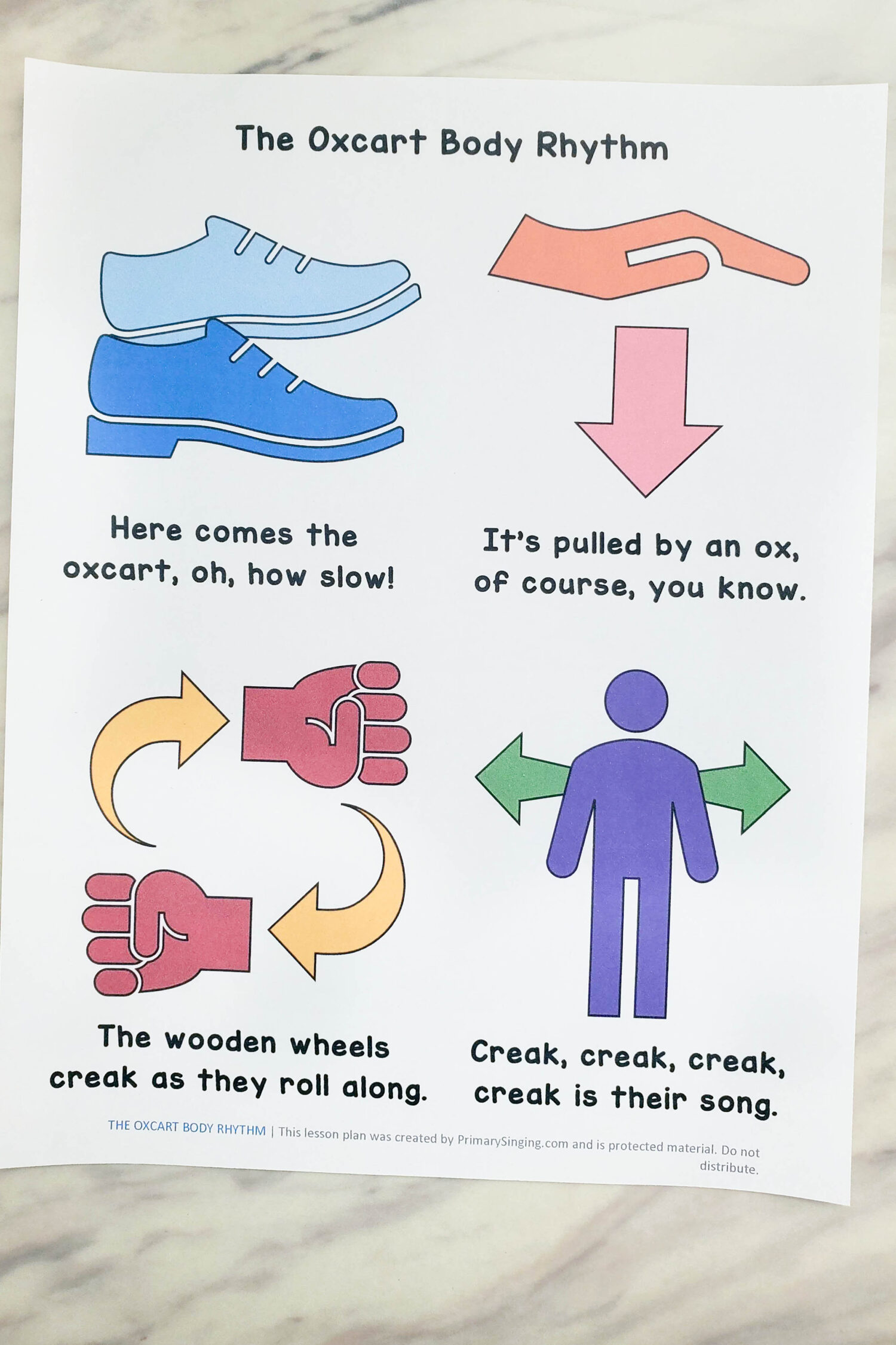 The Oxcart Body Rhythm fun singing time activity to move with 4 fun rhythm actions that match the song lyrics for each line of the song. Grab the printable song helps for LDS Primary music leaders and families.