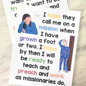 I Hope They Call Me on a Mission Flip Chart singing time visual aids to help you teach this song with a colorful custom illustrated flipchart to help for LDS Primary music leaders.