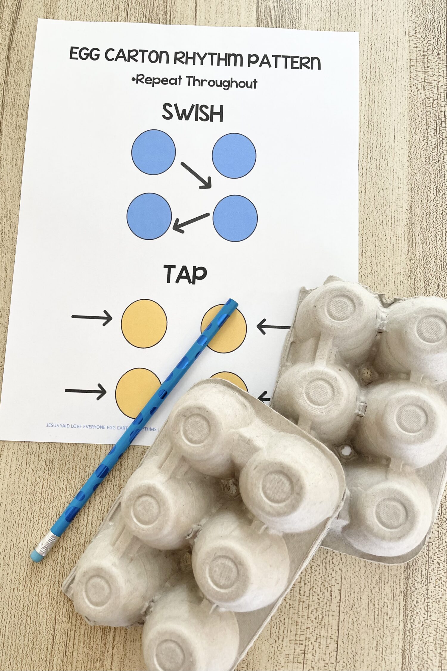 Jesus Said Love Everyone Egg Carton Rhythms - Try this fun rhythm pattern with homemade egg carton instruments as you review this primary song with printable song helps for LDS Primary Music Leaders.