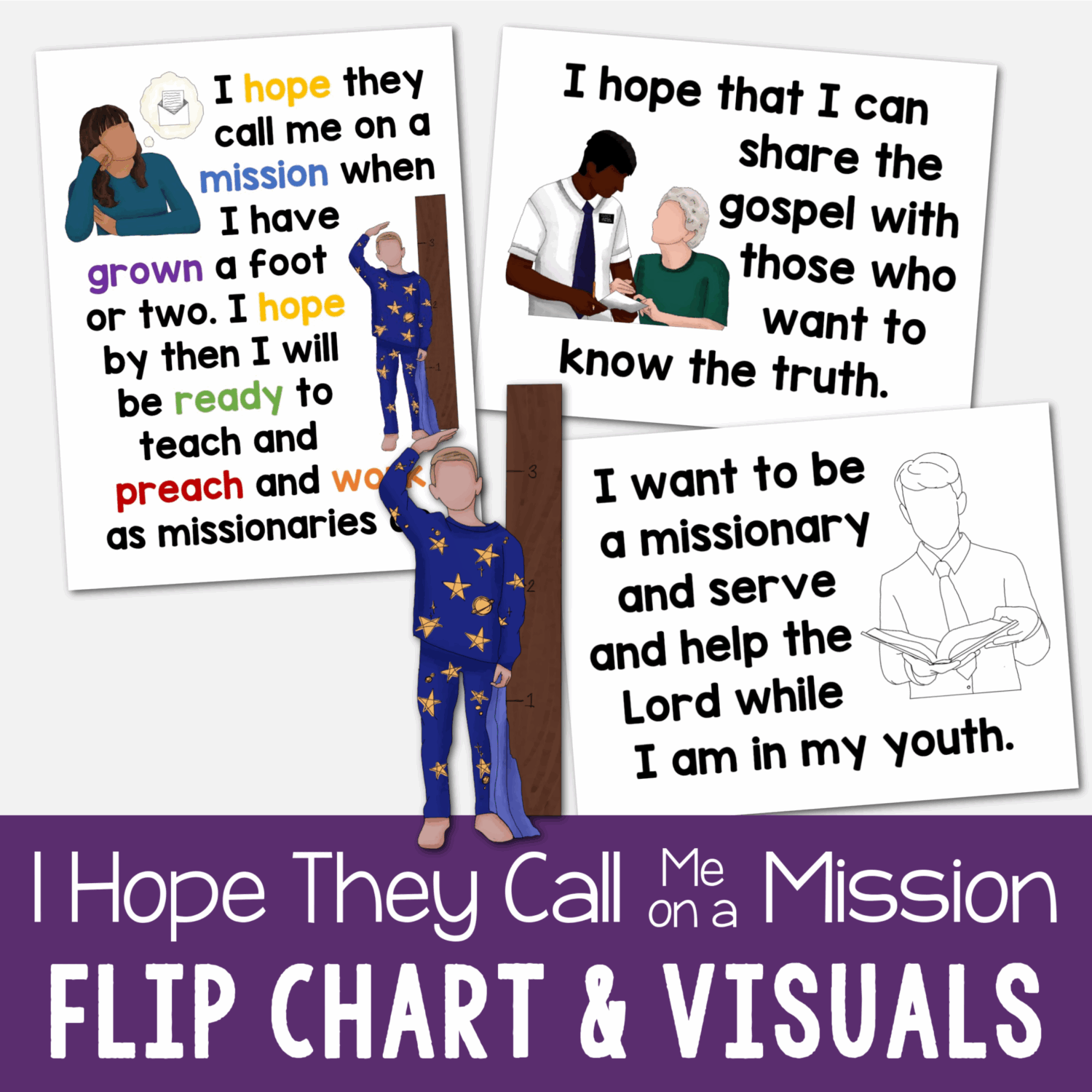 I Hope They Call Me on a Mission Flip Chart singing time visual aids to help you teach this song with a colorful custom illustrated flipchart to help for LDS Primary music leaders.