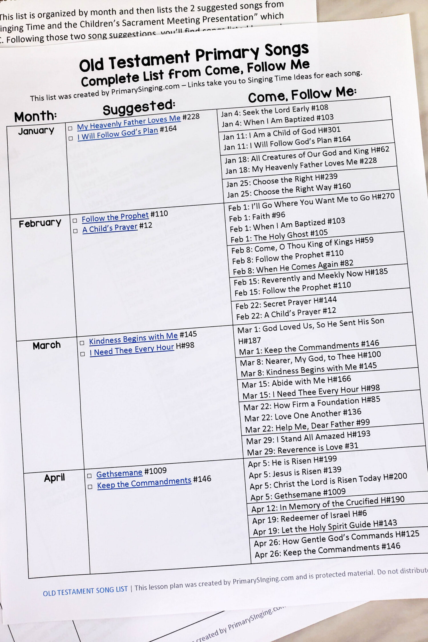 2026 Old Testament Primary Song List from Come Follow Me - Includes all of the recommended monthly songs plus additional songs found within the manual and weekly lessons. A great resource for LDS Primary Music leaders and Ward Music Leaders to help you pick your song throughout the year.