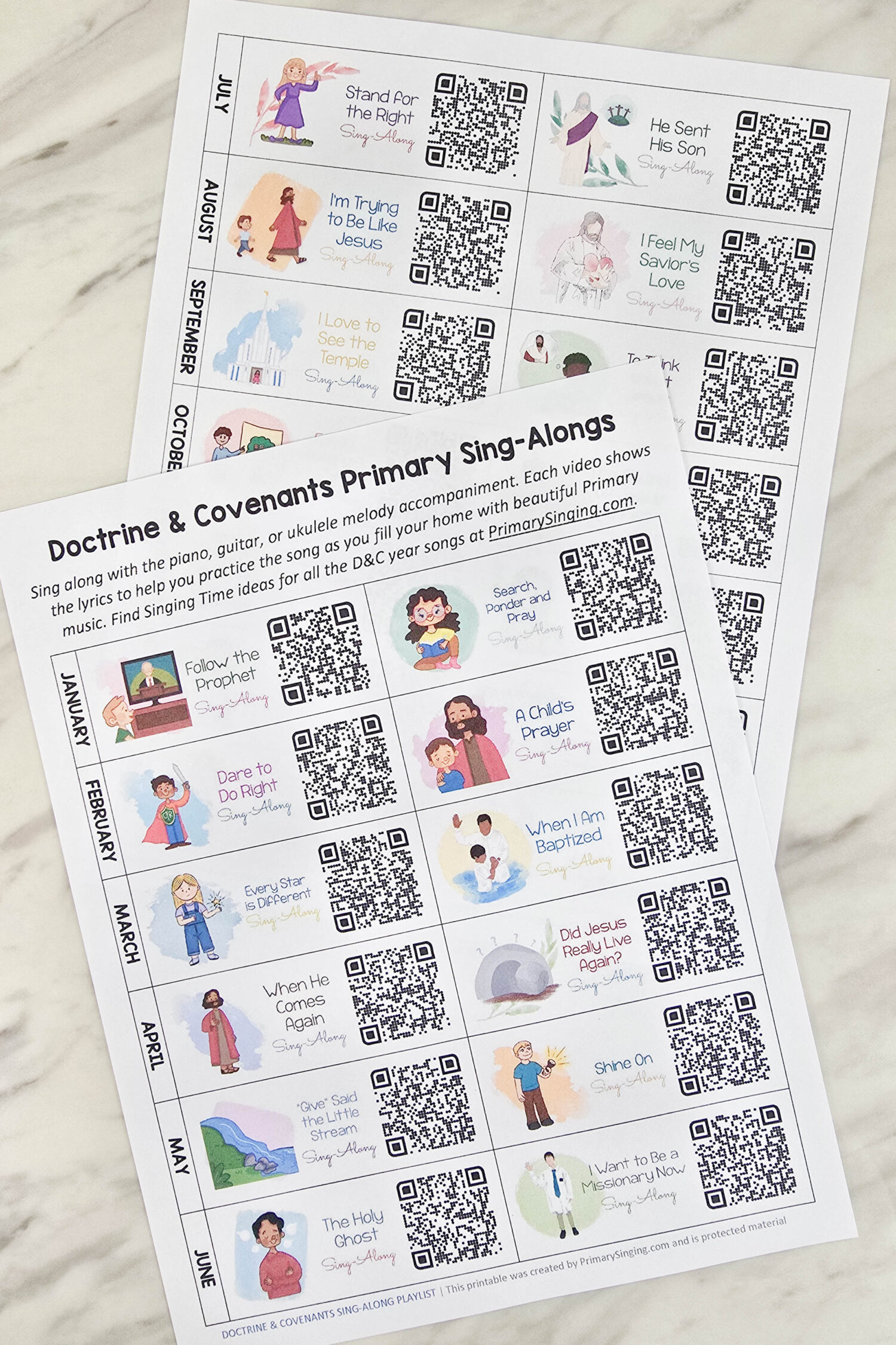 Doctrine & Covenants Sing-Along Playlist with QR Codes! 2 Doctrine & Covenants Sing-Along Playlist - Use this go-to resource to find sing-along videos for all of the Doctrine & Covenants songs. Plus an editable printout you can send to families with the playlist link and customize with your song list! Perfect for LDS Primary music leaders and presidencies to encourage families to practice for the Primary Program at home!