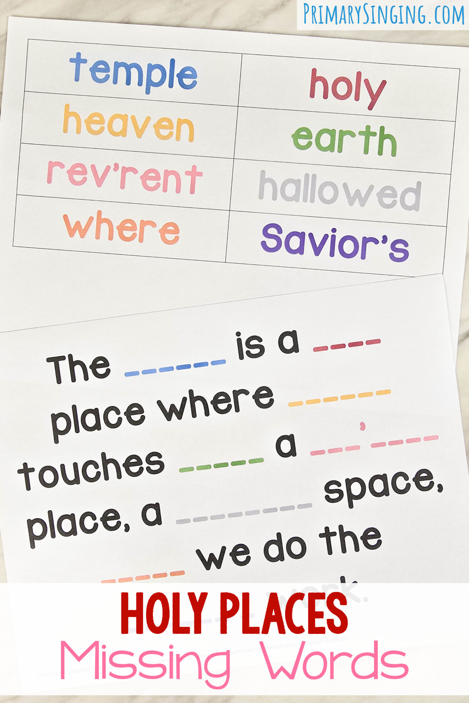 Holy Places Missing Words Singing Time Idea - Can you crack the code on what words are missing? Or use the word bank with regular or scrambled words to change up the challenge. This adds lots of singing repetition and focusing on the keywords of the song that are missing. Printable song helps for LDS Primary Music Leaders.