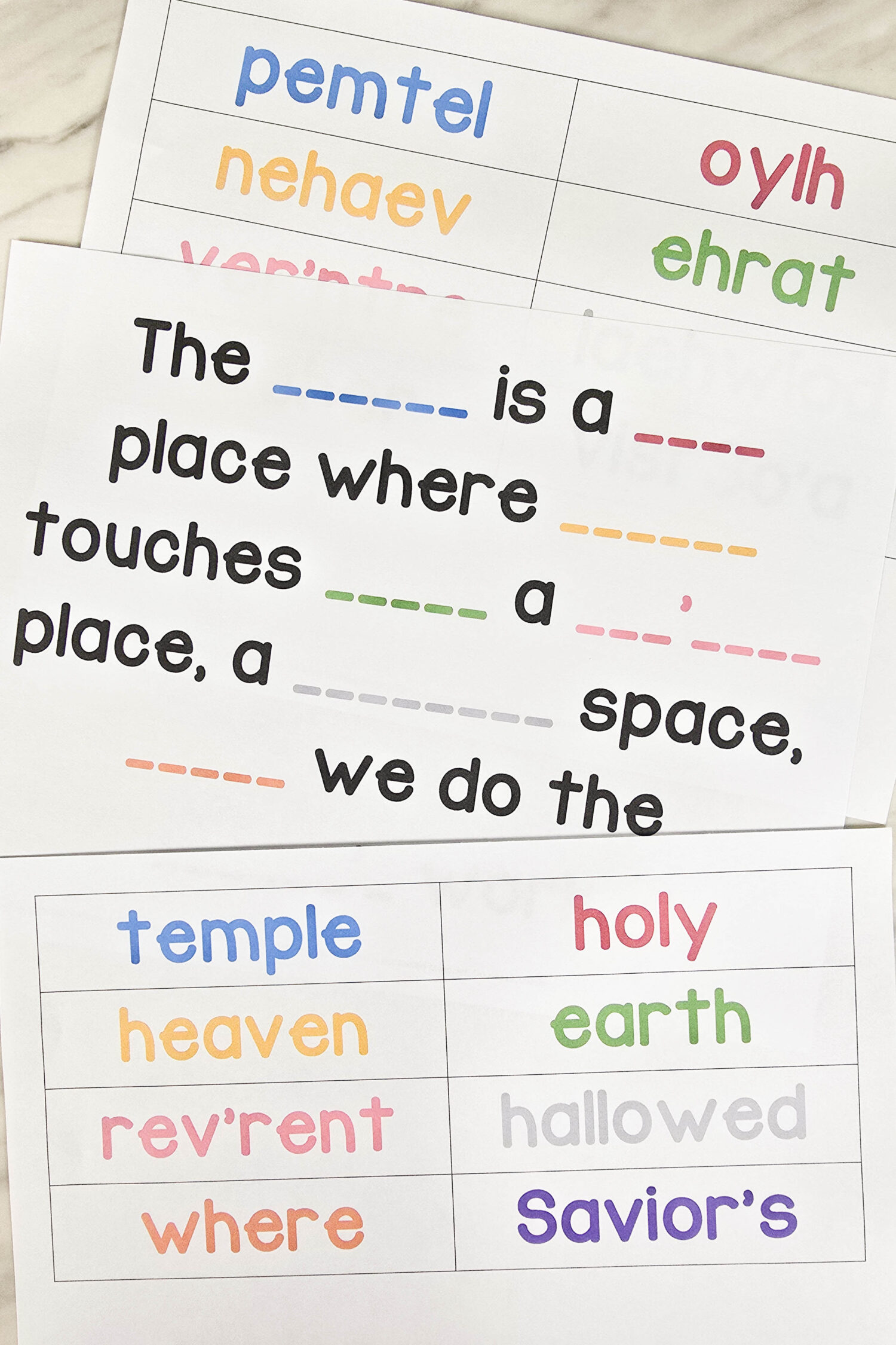 Holy Places Missing Words Singing Time Idea - Can you crack the code on what words are missing? Or use the word bank with regular or scrambled words to change up the challenge. This adds lots of singing repetition and focusing on the keywords of the song that are missing. Printable song helps for LDS Primary Music Leaders.