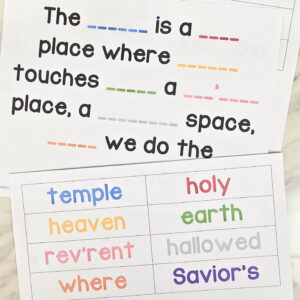 Holy Places Missing Words Singing Time Idea - Can you crack the code on what words are missing? Or use the word bank with regular or scrambled words to change up the challenge. This adds lots of singing repetition and focusing on the keywords of the song that are missing. Printable song helps for LDS Primary Music Leaders.