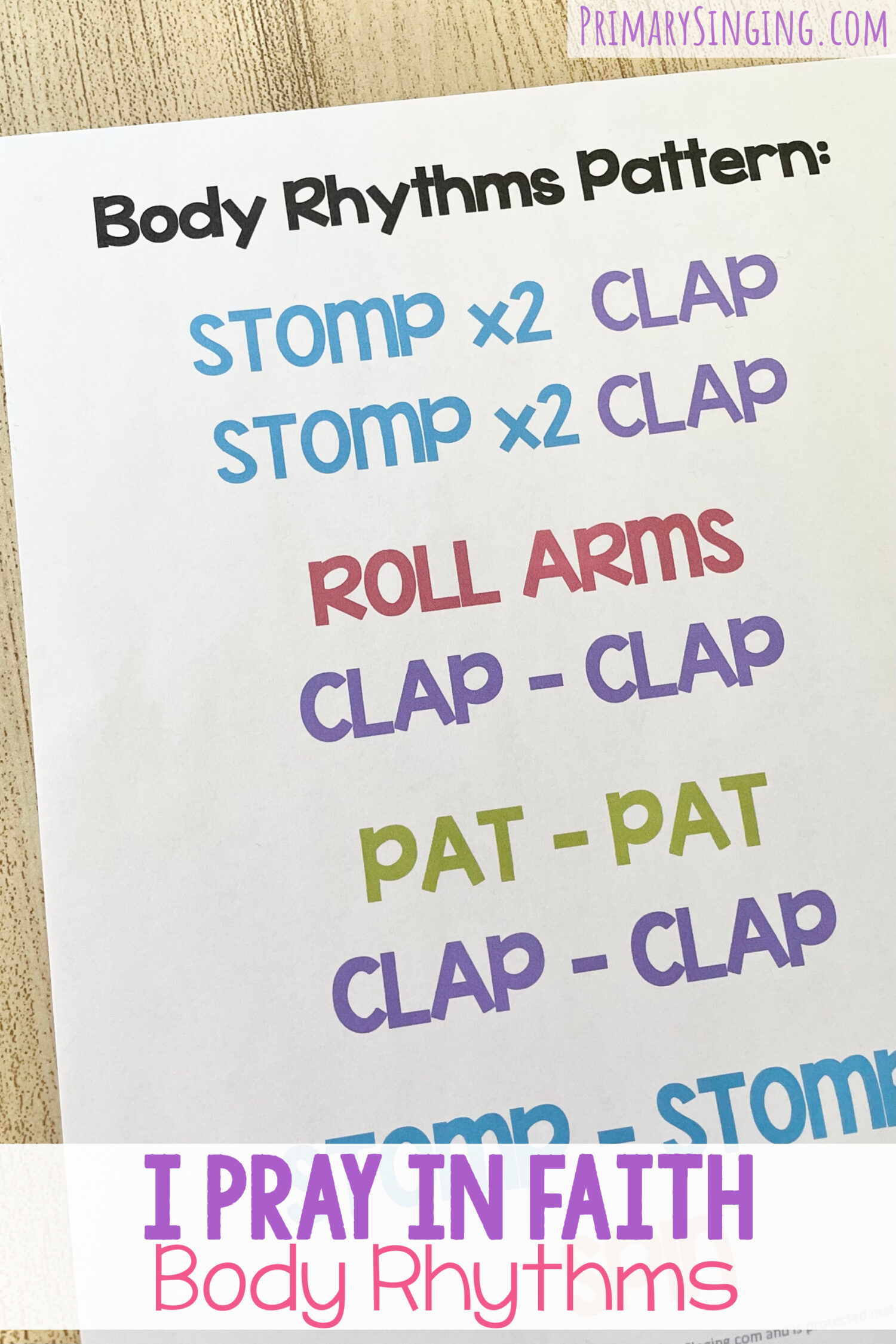 I Pray in Faith Body Rhythms - Try this fun body rhythms pattern with simple movements for each line of this primary song! Includes printable song helps for LDS Primary Music Leaders.