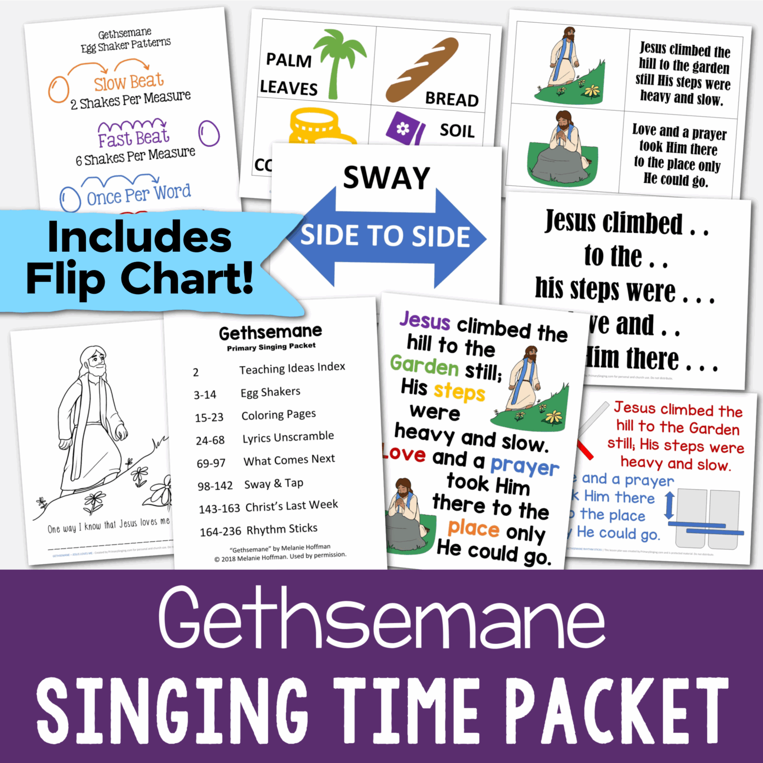 Gethsemane Singing Time Ideas packet - Tons of fun ways to help you teach this song including a custom illustrated flip chart, Egg shakers, coloring pages, lyrics unscramble, what comes next, sway and tap, Christ's last week, rhythm sticks! Printable lesson plans for LDS Primary music leaders teaching this beautiful Easter song.