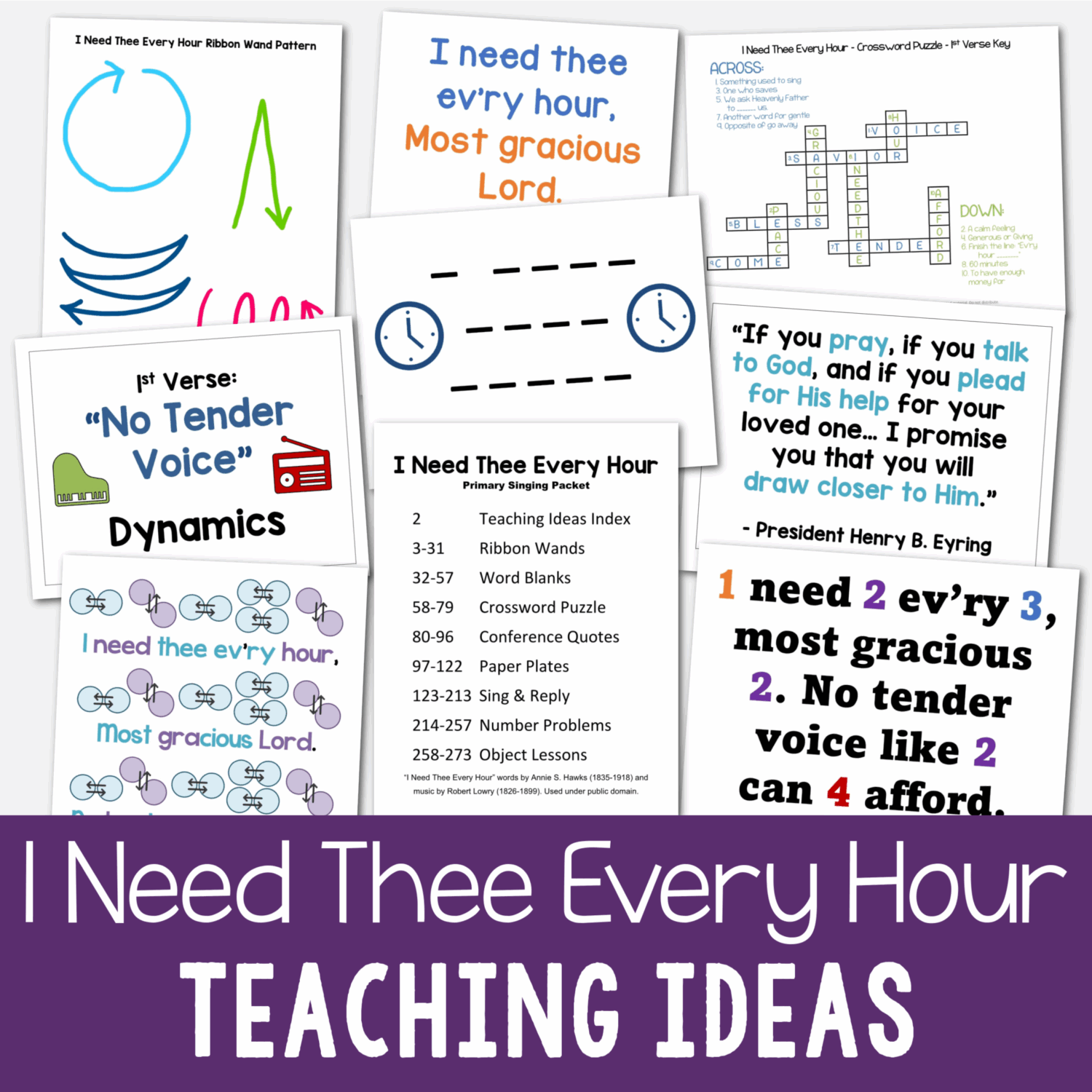 Shop I Need Thee Every Hour Teaching Ideas - Includes 8 fun teaching ideas for Singing Time including ribbon wands, crossword puzzles, number problems, object lessons, paper plates, and more! Primary Singing Time ideas and printable song helps for LDS Primary music leaders and families for Come Follow Me.