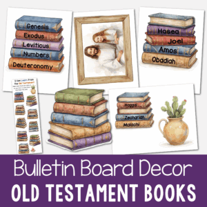 Old Testament Bulletin Board Decor Illustrations - Use these fun stacks of books to represent all of the Books of the Old Testament this year and a couple additional cute embellishments to add to your bookshelf! Plus, a bonus Old Testament Reading Tracker bookmark and flyer.