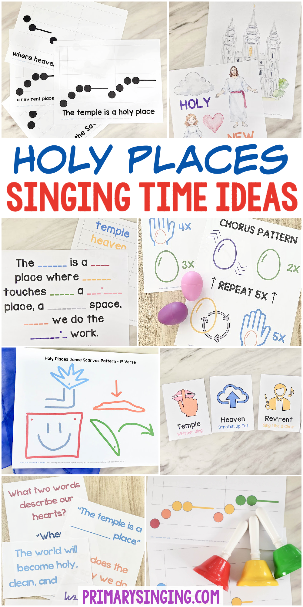 Holy Places singing time ideas for Primary! Includes tons of fun ways to teach this song including a melody map, dance scarves, song quiz, egg shakers, interactive picture, missiong words, and more! You'll also find flip charts, visuals, and even a sing-along video to help LDS Primary music leaders teach this song or fun interactive ideas for families for home Come Follow Me study for the Old Testament year.