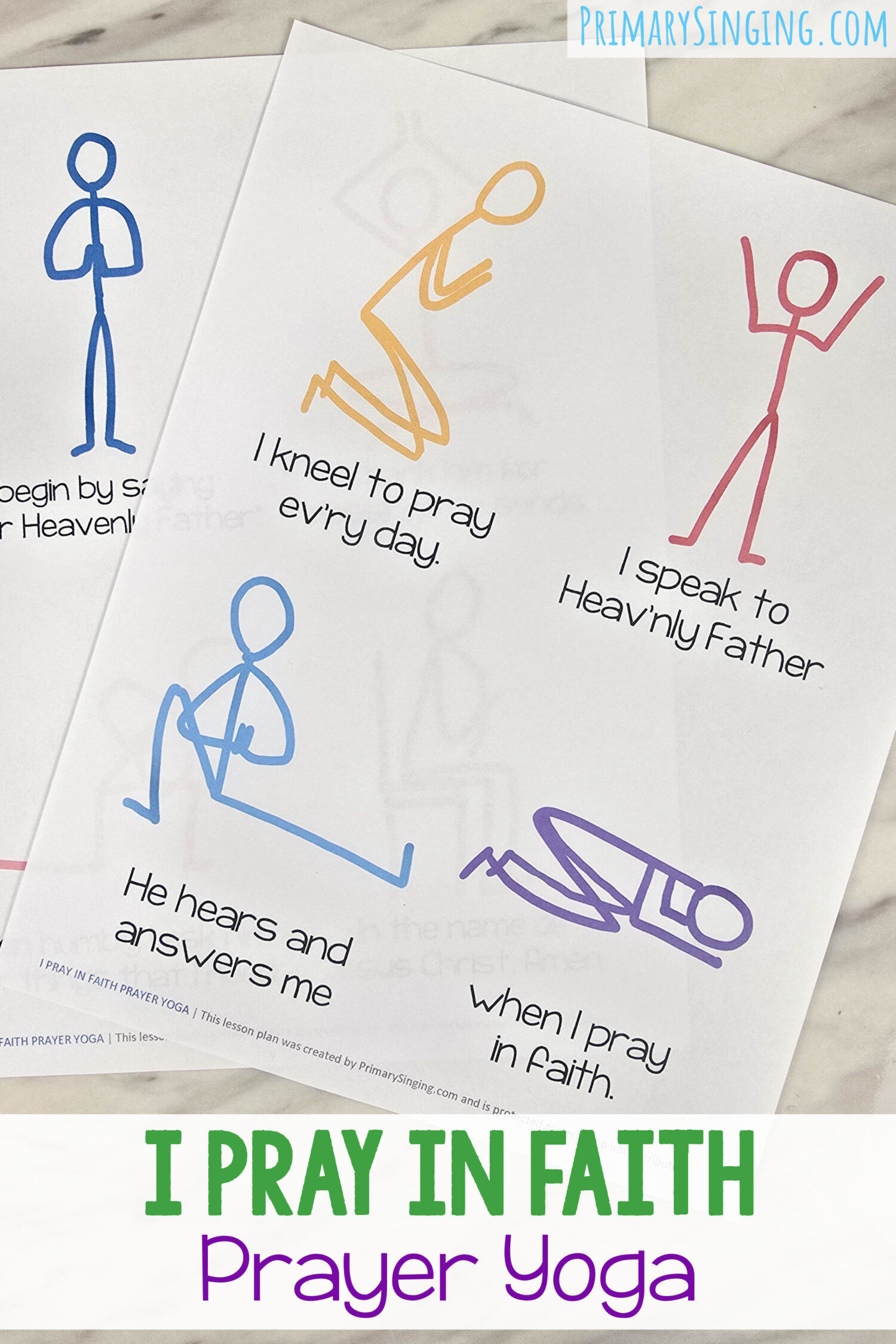 I Pray in Faith Prayer Yoga Singing Time lesson plan! Use these fun yoga poses as you learn about different ways to pray and connect with the song lyrics with purposeful movement! Grab the free printable and lesson plan in the post for LDS Primary Music Leaders and families.