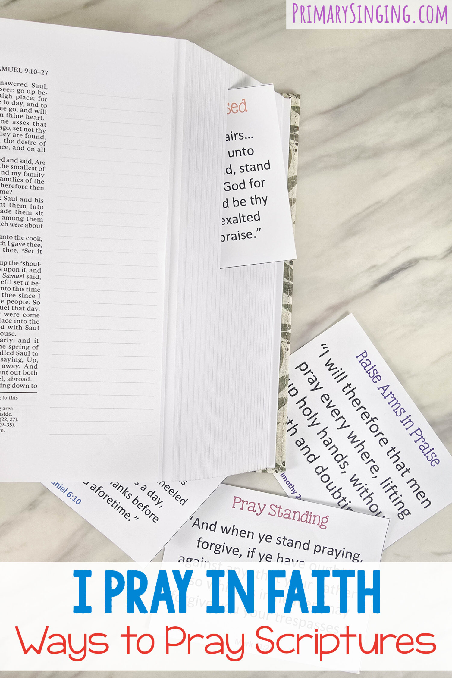 I Pray in Faith Ways to Pray Scriptures - Deepen the Primary children's connection to prayer with these scriptures that share various ways to pray and conditions for prayer! This activity for Singing Time can also be paired with our Yoga lesson plan to add movement! Fun and easy activity with a free printable and a lesson plan in the blog post. LDS Primary Music Leaders and families.