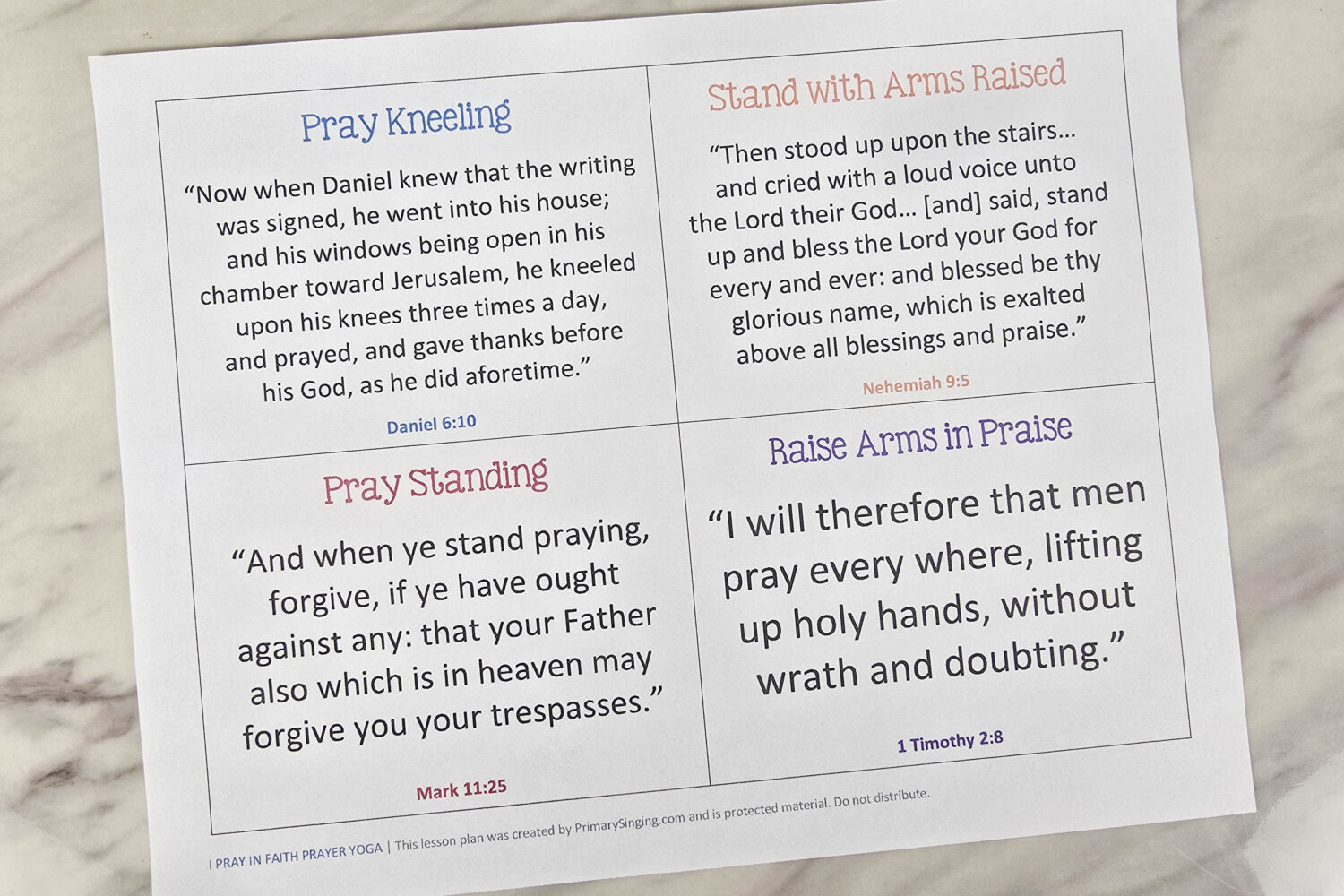 I Pray in Faith Ways to Pray Scriptures - Deepen the Primary children's connection to prayer with these scriptures that share various ways to pray and conditions for prayer! This activity for Singing Time can also be paired with our Yoga lesson plan to add movement! Fun and easy activity with a free printable and a lesson plan in the blog post. LDS Primary Music Leaders and families.
