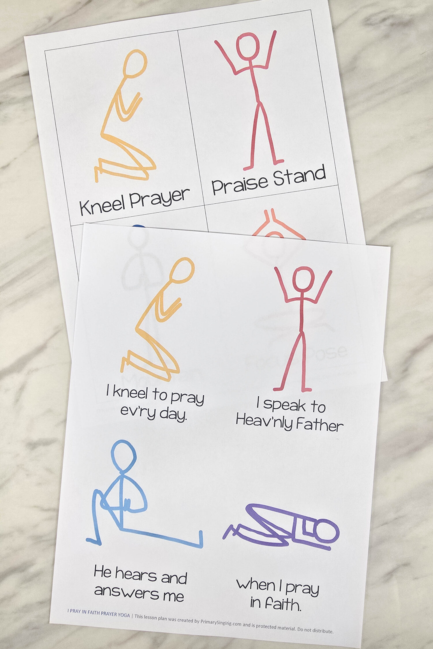 I Pray in Faith Prayer Yoga Singing Time lesson plan! Use these fun yoga poses as you learn about different ways to pray and connect with the song lyrics with purposeful movement! Grab the free printable and lesson plan in the post for LDS Primary Music Leaders and families.