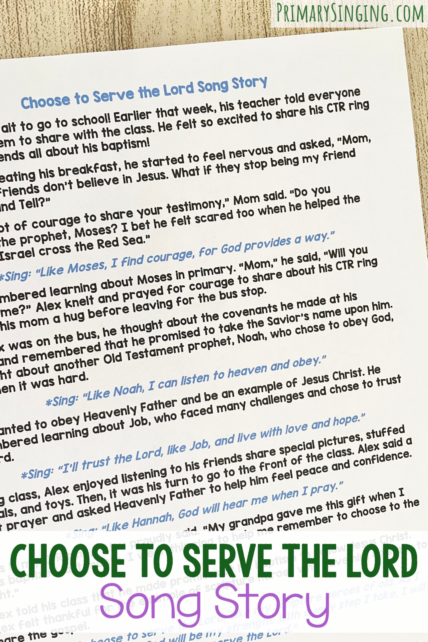 Choose to Serve the Lord Song Story - Share this sweet story about a boy who thinks about Old Testament scripture heroes throughout his day for a neat way to review this song with printable story outline for LDS Primary Music Leaders and families.