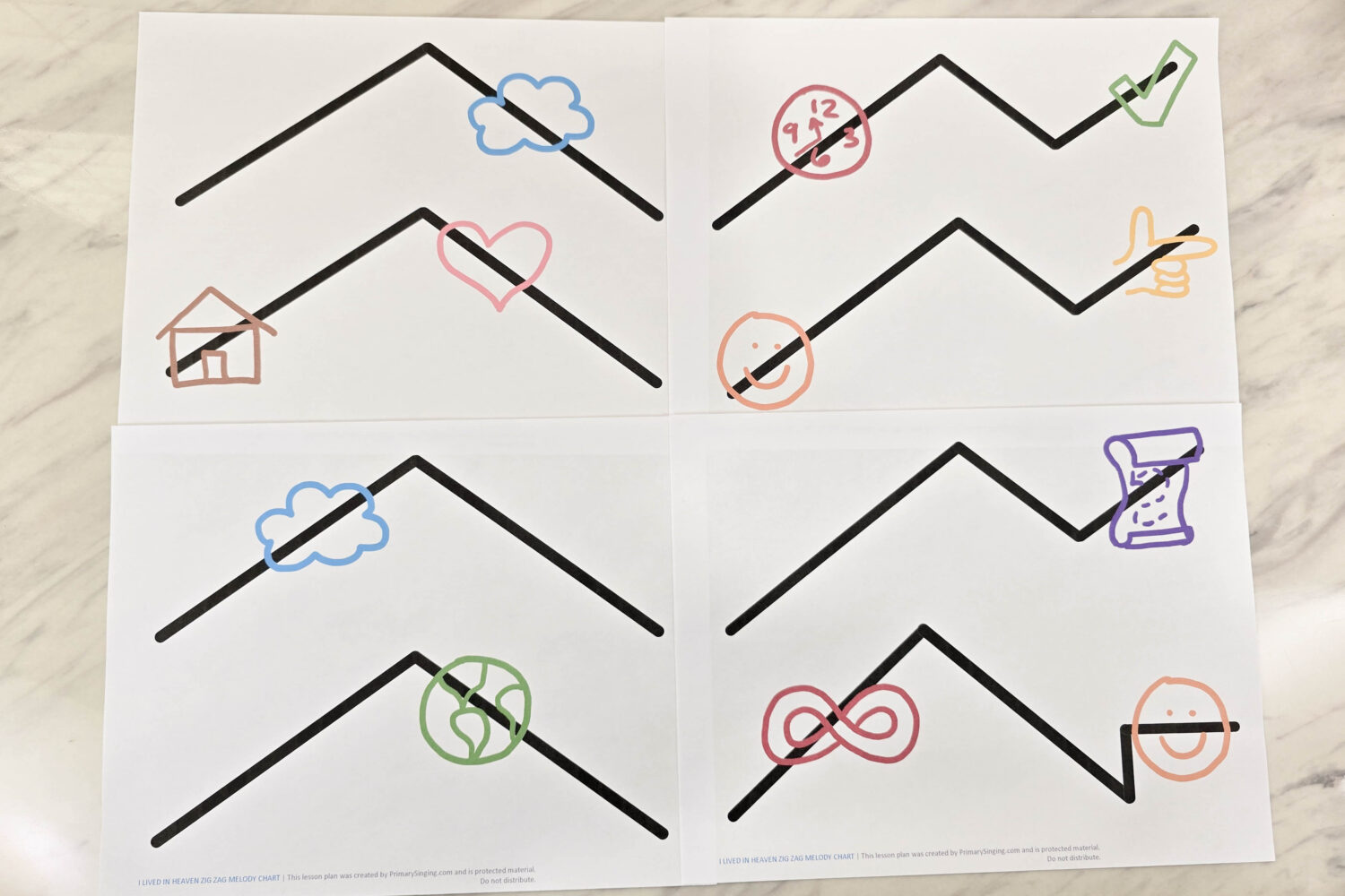 The Books in the Old Testament Melody Map 5 I Lived in Heaven Zig Zag Melody Map singing time idea - help the children visualize the melody with this unique zig zag melody chart with keyword icons to add to the melody lines. Printable song helps for LDS Primary music leaders and lesson plan ideas.