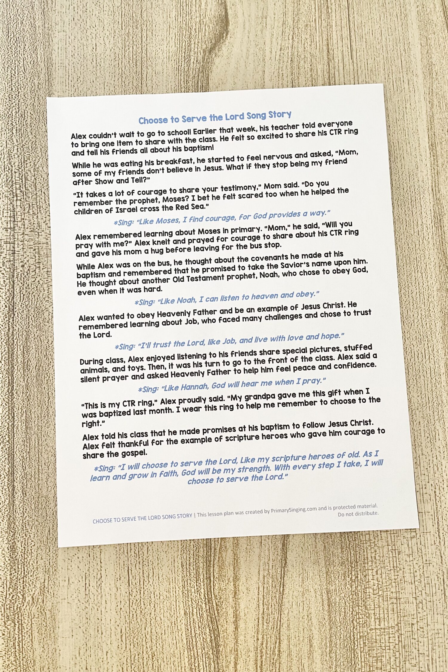 Choose to Serve the Lord Song Story - Share this sweet story about a boy who thinks about Old Testament scripture heroes throughout his day for a neat way to review this song with printable story outline for LDS Primary Music Leaders and families.