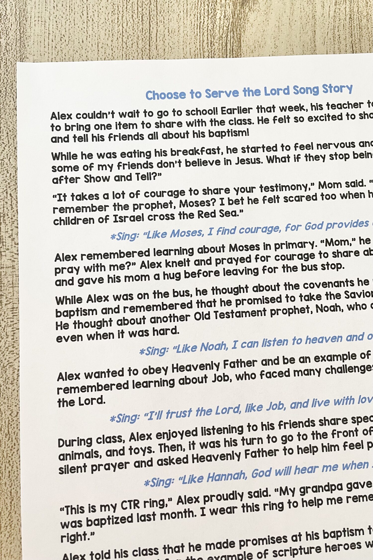 Choose to Serve the Lord Song Story - Share this sweet story about a boy who thinks about Old Testament scripture heroes throughout his day for a neat way to review this song with printable story outline for LDS Primary Music Leaders and families.