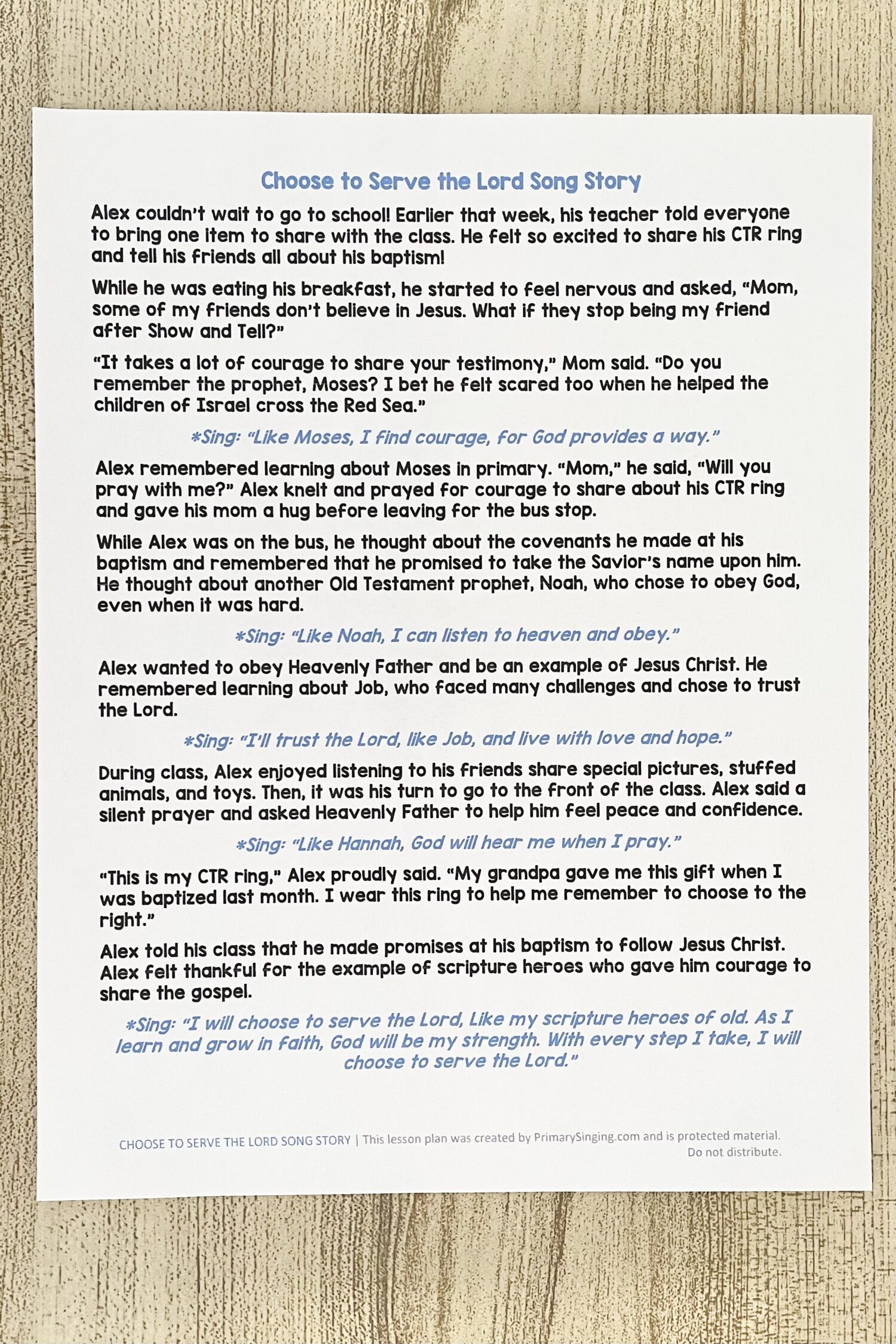 Choose to Serve the Lord Song Story - Share this sweet story about a boy who thinks about Old Testament scripture heroes throughout his day for a neat way to review this song with printable story outline for LDS Primary Music Leaders and families.