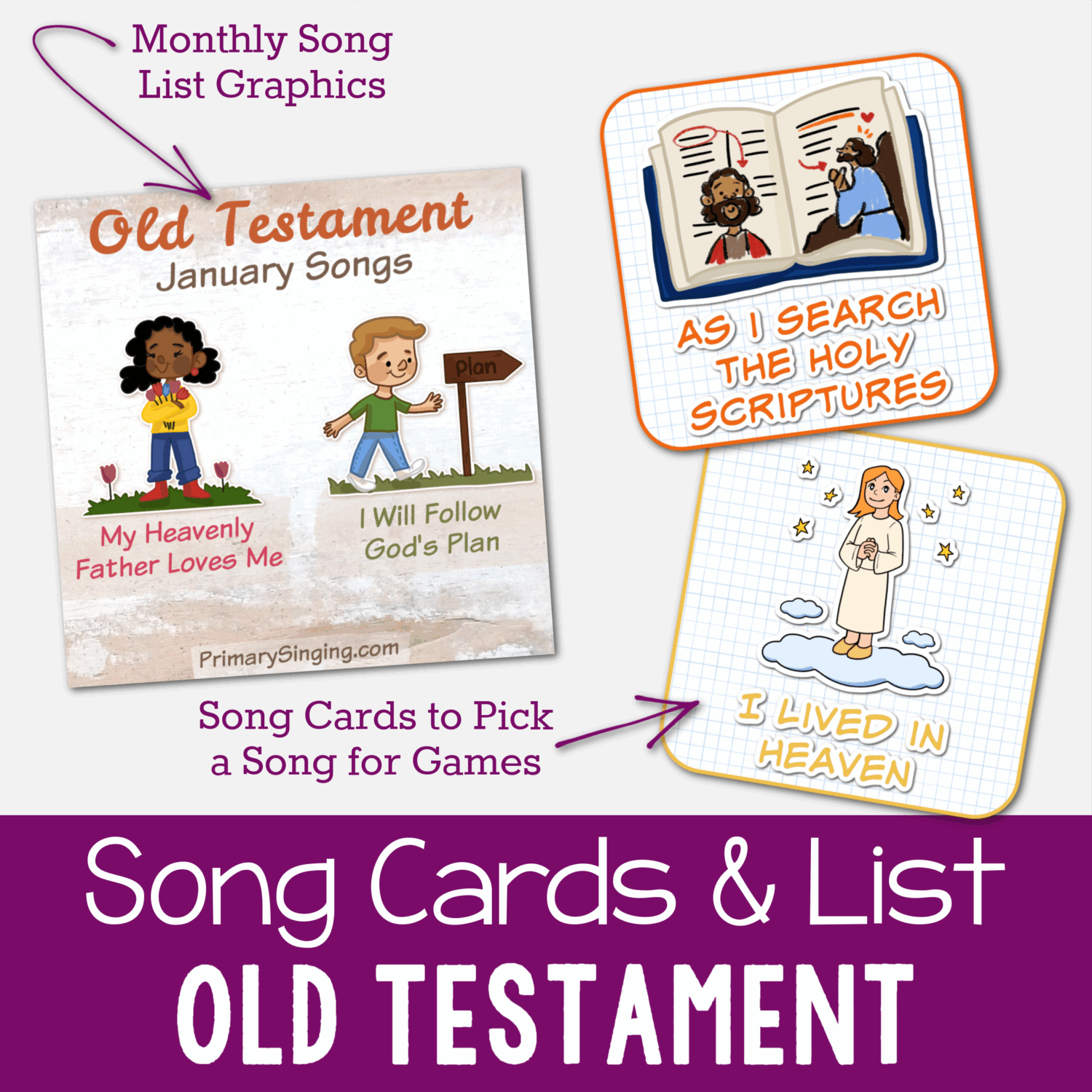Old Testament Bulletin Board Ideas 7 LDS Old Testament Monthly Primary Song List Graphics and Song Cards to help you pick a song to sing for review games, wiggles, and other occasions! Use to decorate your Primary Bulletin Board or for Singing Time!