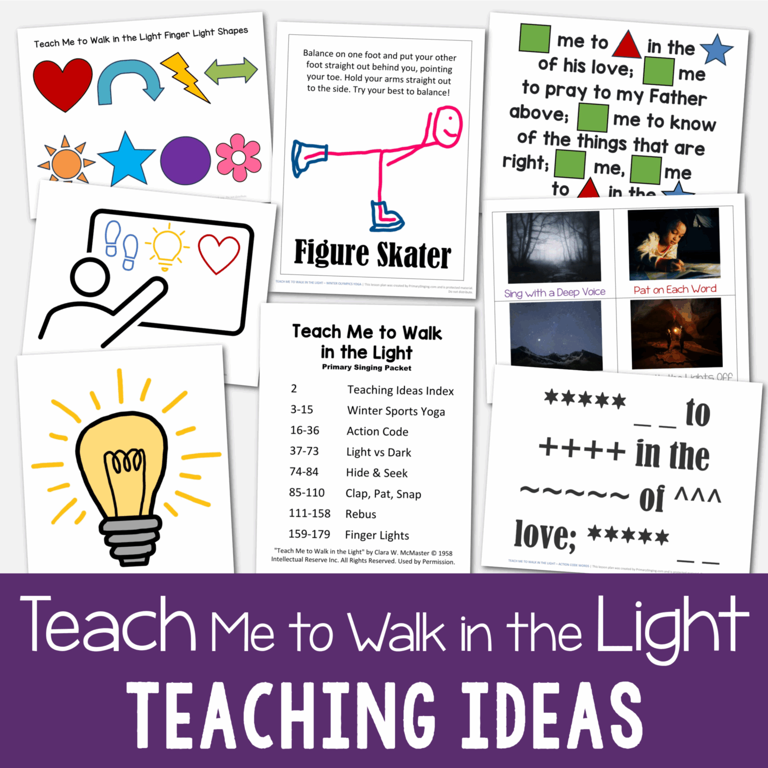 Teach Me to Walk in the Light Singing Time Ideas - tons of fun and unique ways to help you teach this song in Primary including winter Olympics yoga, action code word, finger lights, hide & seek, rebus, and more! A go-to resource for LDS Primary music leaders for teaching.