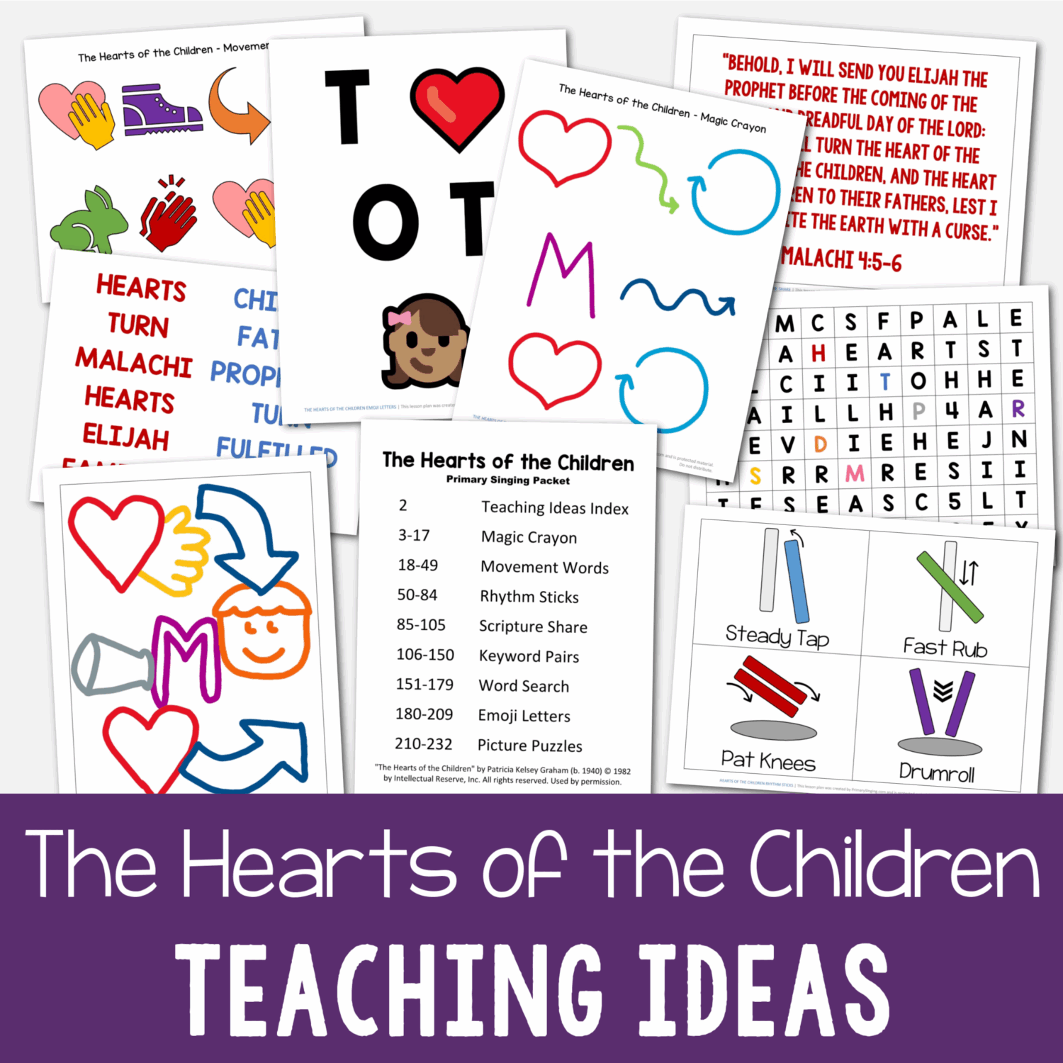 The Hearts of the Children teaching ideas for Singing Time includes 8 fun ways to teach this song using different learning styles! Including magic crayon, movement words, rhythm sticks, keyword pairs, word search, picture puzzles, and more lesson plans. Printable song helps for LDS Primary music leaders.
