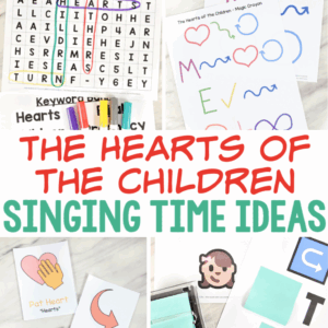 The Hearts of the Children Singing Time ideas teaching packet includes 8 fun ways to teach this song using different learning styles! Including a custom illustrated flip chart, magic crayon, movement words, rhythm sticks, keyword pairs, word search, picture puzzles, and more lesson plans. Printable song helps for LDS Primary music leaders.
