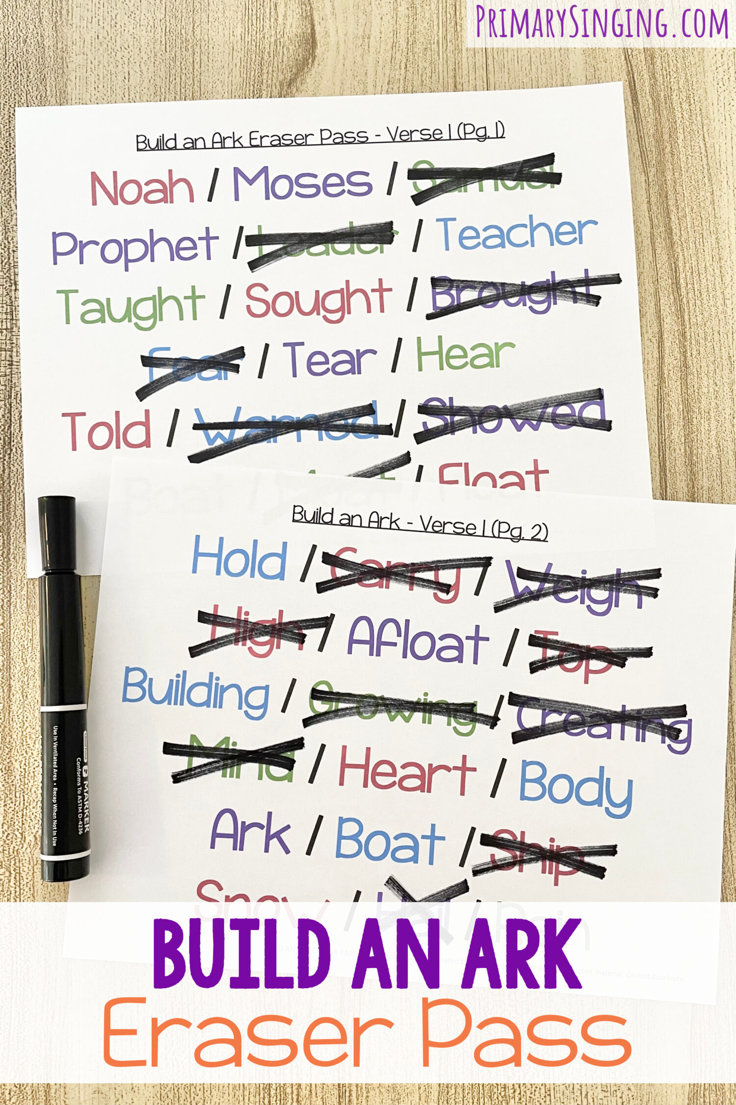 Build an Ark Eraser Pass 1 Build an Ark Eraser Pass - Focus on the lyrics and cross out incorrect lyrics for a fun way to review this Old Testament song in primary. Includes printable song helps for LDS Primary Music Leaders.