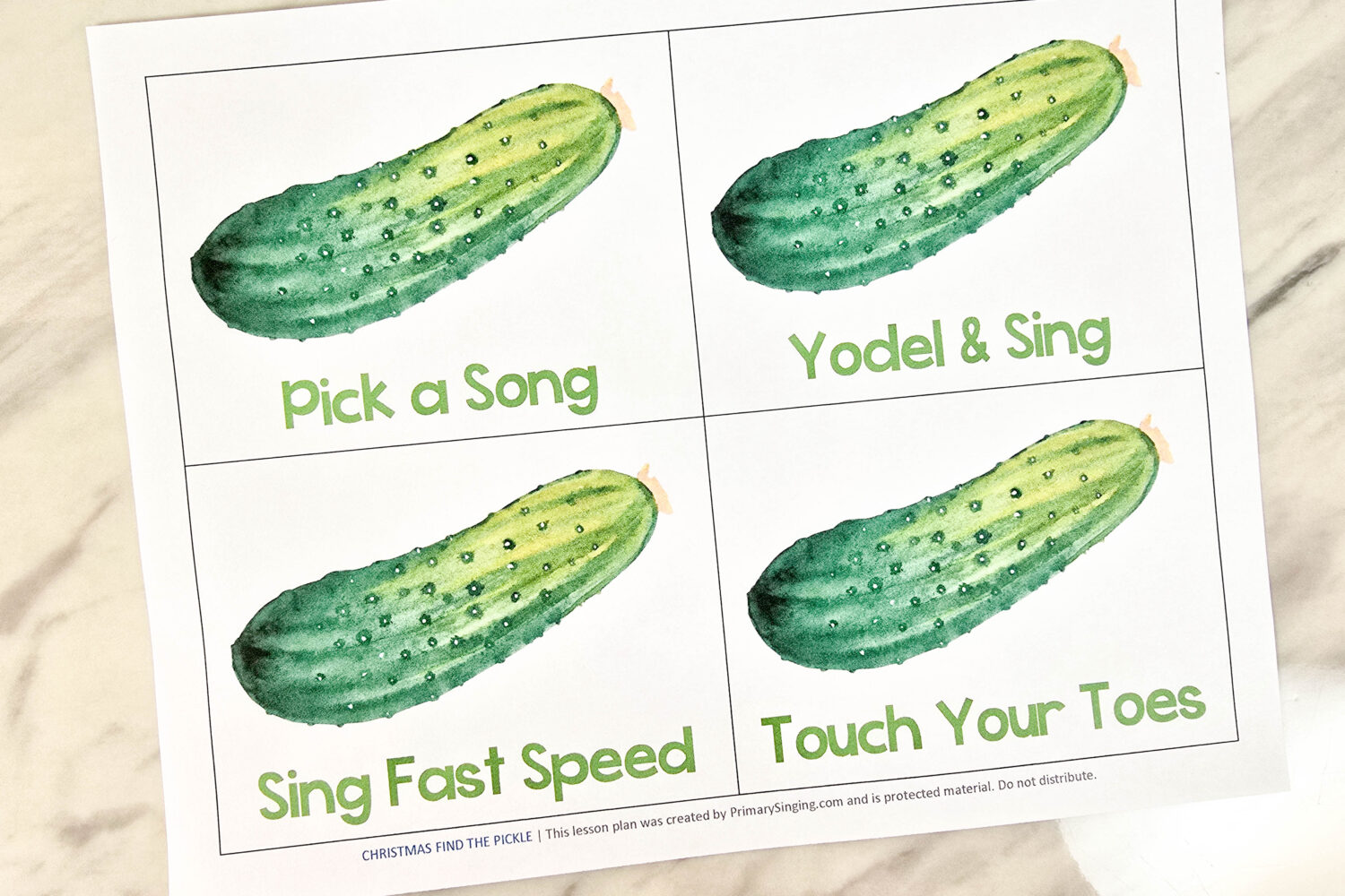 Christmas Find the Pickle Singing Time Idea - Bring this fun Christmas morning tradition to hunt for a pickle to your Primary room! Find pickles hidden around the room to pick a way to sing card, a song to sing next, or to pick a "winner" to help you lead, be your next pickle hiding helper, or whatever other task you'd like. Fun lesson plan for LDS Primary Music Leaders and families.