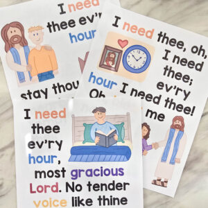 I Need Thee Every Hour Flip Chart - Custom illustration that help easily teach the song lyrics with this beautiful flipchart! It includes a illustrated song chart both portrait and landscape as well as a slideshow option! Print in color or black and white in several sizes and formats! Printable visual aids for LDS Primary Music Leaders for Singing Time.