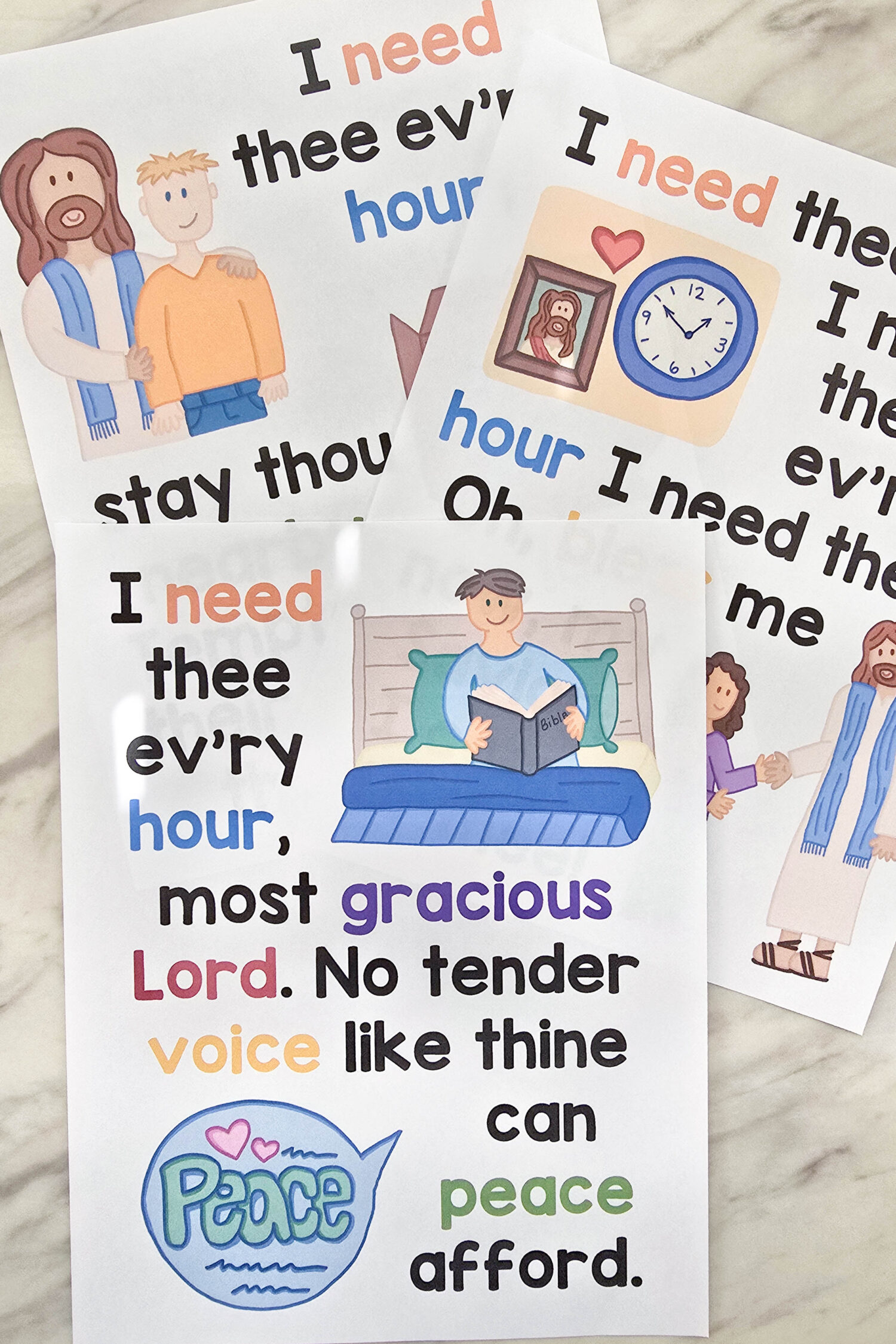 I Need Thee Every Hour Flip Chart & Lyrics 3 I Need Thee Every Hour Flip Chart - Custom illustration that help easily teach the song lyrics with this beautiful flipchart! It includes a illustrated song chart both portrait and landscape as well as a slideshow option! Print in color or black and white in several sizes and formats! Printable visual aids for LDS Primary Music Leaders for Singing Time.