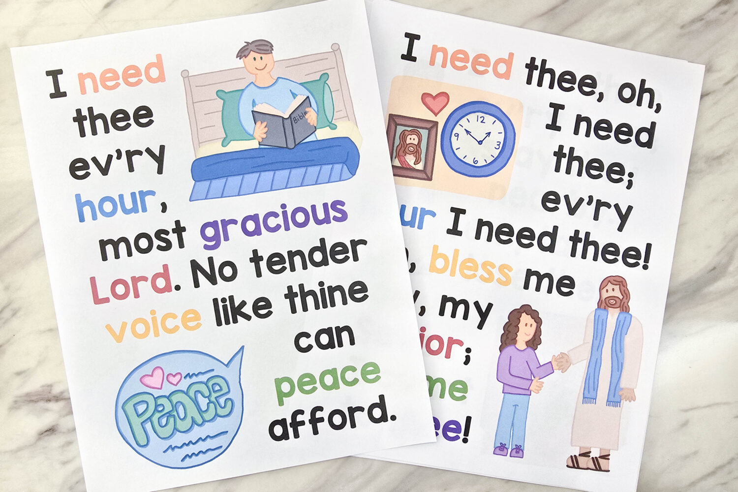 I Need Thee Every Hour Flip Chart & Lyrics 6 I Need Thee Every Hour Flip Chart - Custom illustration that help easily teach the song lyrics with this beautiful flipchart! It includes a illustrated song chart both portrait and landscape as well as a slideshow option! Print in color or black and white in several sizes and formats! Printable visual aids for LDS Primary Music Leaders for Singing Time.