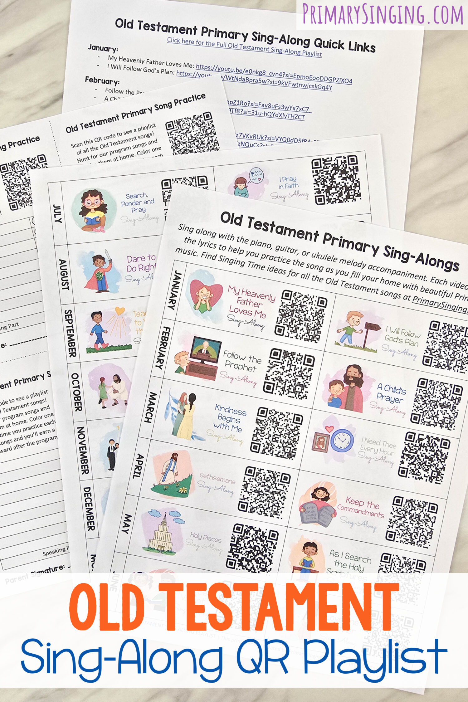 Old Testament Sing-Along Playlist with QR Codes 1 Old Testament QR Playlist - Use or share this easy to utilize playlist cheatsheet with quick links to all the sing-along videos for this year to help you teach the Old Testament Come Follow Me songs in Primary! Great printable resource for Singing Time for LDS Primary Music Leaders and Primary Presdiency.