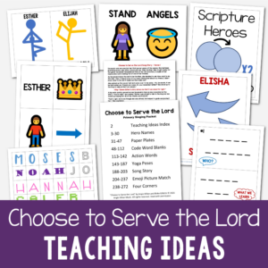 Choose to Serve the Lord Teaching Ideas includes 8 fun Singing Time activities and lesson plans to help you easily teach this song including hero names, paper plates pattern, code word blanks, action words, yoga poses for each hero, 2 song stories, emoji picture match, and a four corners movement activity. Printable song helps for LDS Primary music leaders and Come Follow Me for Families.