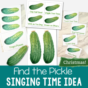Christmas Find the Pickle Singing Time Idea - Bring this fun Christmas morning tradition to hunt for a pickle to your Primary room! Find pickles hidden around the room to pick a way to sing card, a song to sing next, or to pick a "winner" to help you lead, be your next pickle hiding helper, or whatever other task you'd like. Fun lesson plan for LDS Primary Music Leaders and families.
