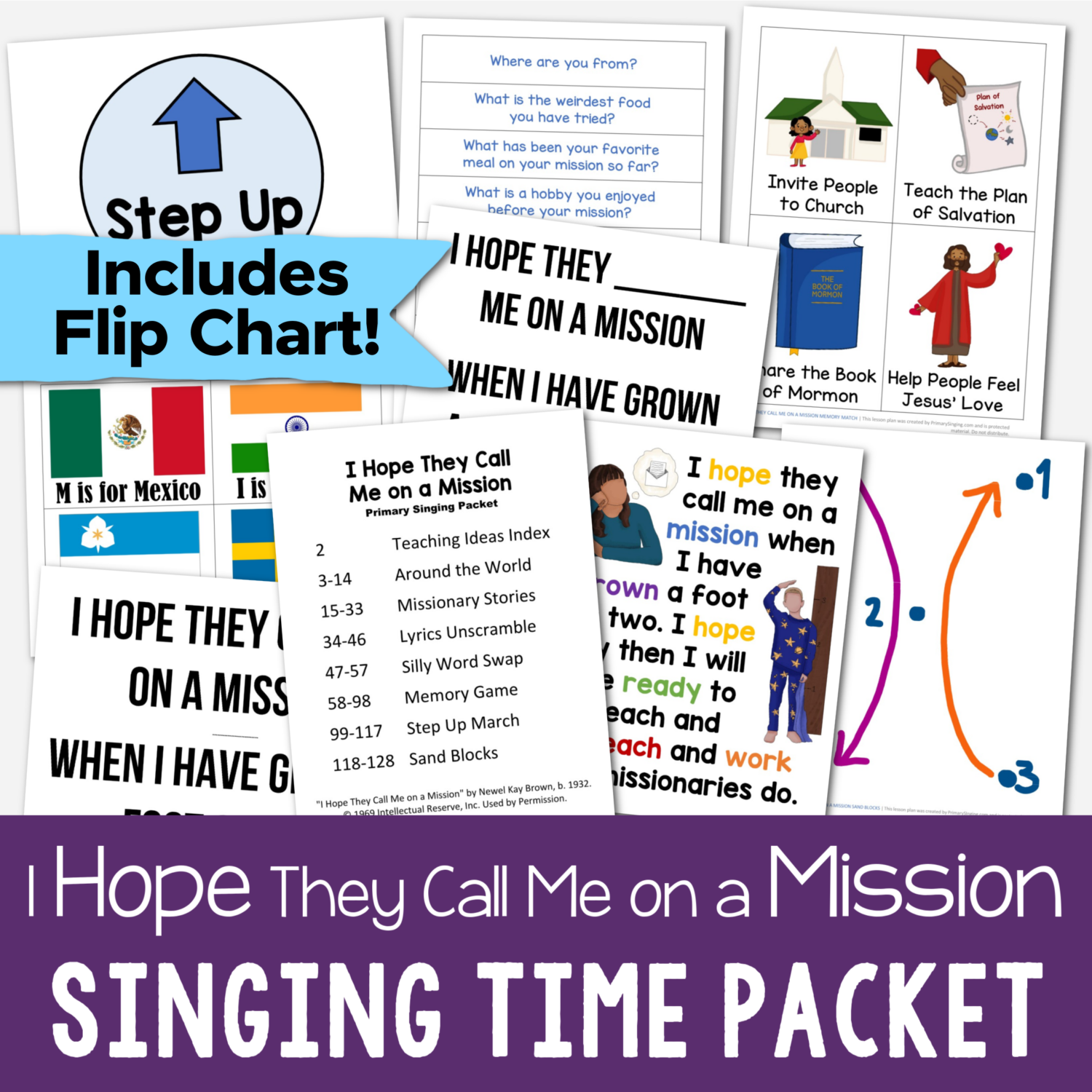 20 I Hope They Call Me on a Mission Singing Time Ideas 2 I Hope They Call Me on a Mission Singing Time ideas teaching packet includes 7 fun ways to teach this song using different learning styles! Including a custom illustrated flip chart, around the world, missionary stories, lyrics scramble, silly word swap, memory match, step up march, and sand blocks with lesson plans. Printable song helps for LDS Primary music leaders.
