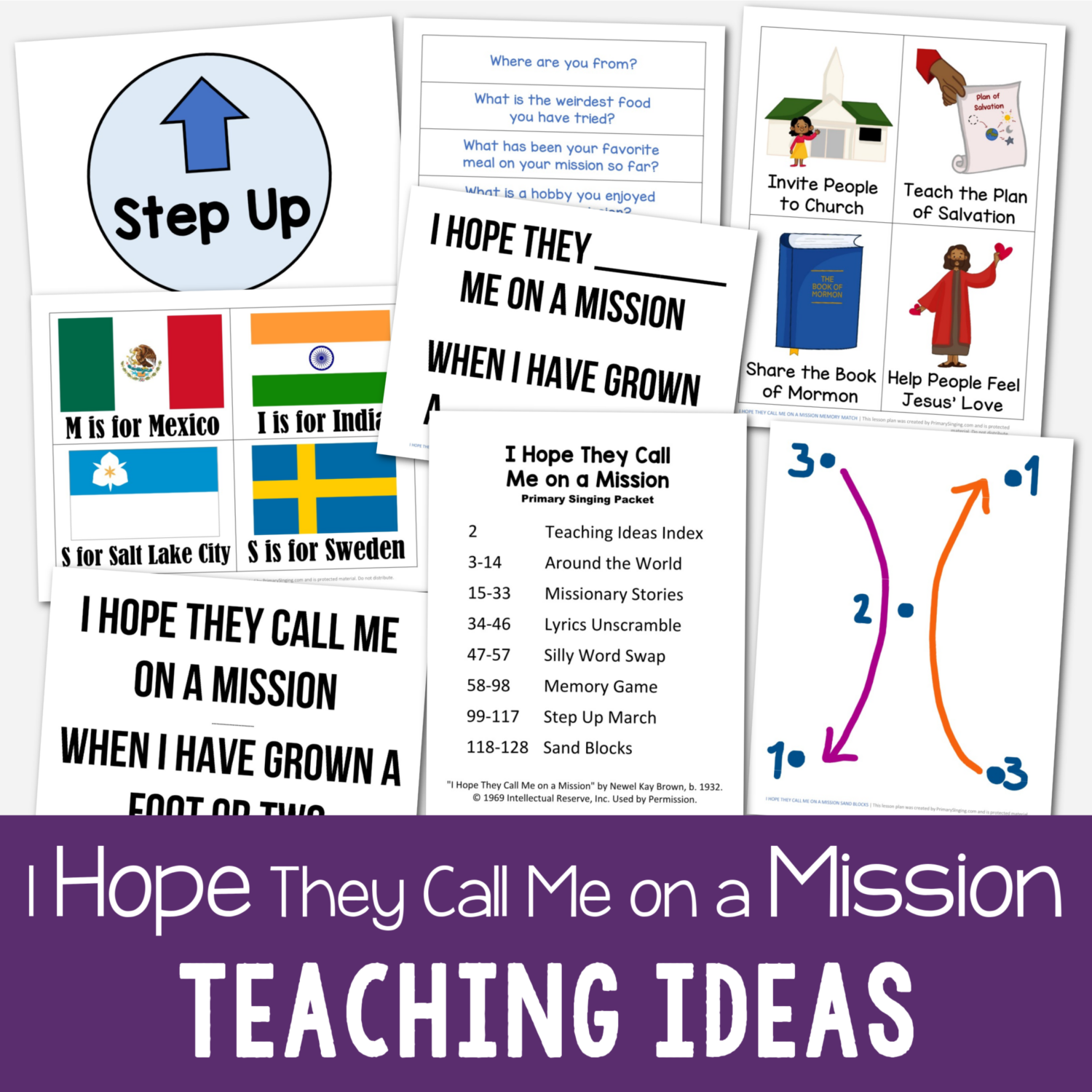 I Hope They Call Me on a Mission Teaching ideas for Singing Time includes 7 fun ways to teach this song using different learning styles! Including around the world, missionary stories, lyrics scramble, silly word swap, memory match, step up march, and sand blocks with lesson plans. Printable song helps for LDS Primary music leaders.