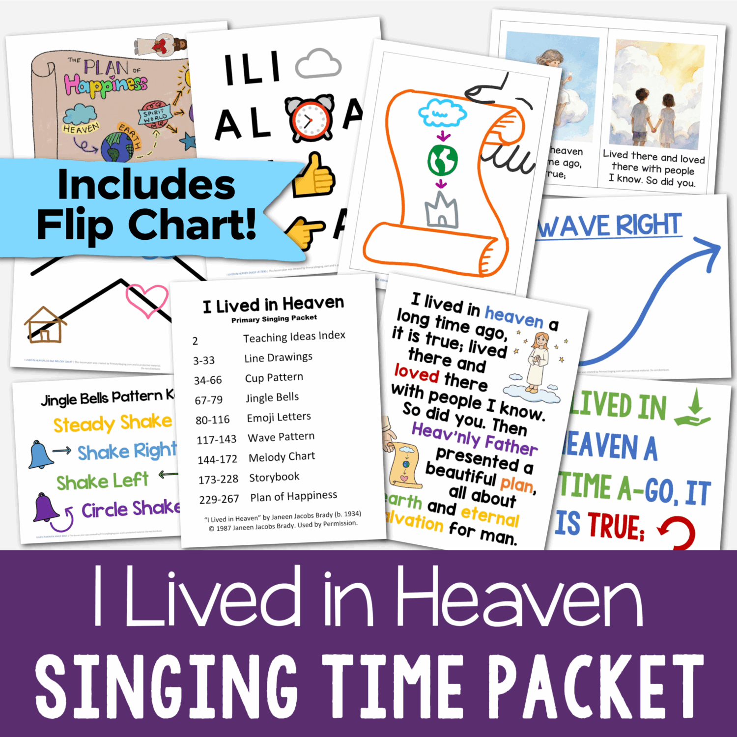 13 I Lived in Heaven Singing Time Ideas 2 I Lived in Heaven Singing Time ideas teaching packet includes 8 fun ways to teach this song using different learning styles! Including a custom illustrated flip chart, cup pattern, emoji letters, jingle bells, line drawings, melody zig zag map, plan of happiness, wave pattern, storybook and more lesson plans. Printable song helps for LDS Primary music leaders.