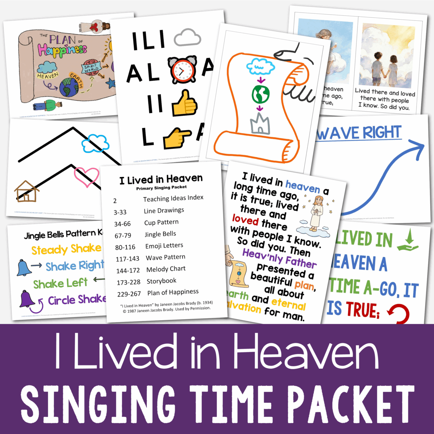 October Old Testament Primary Songs List 5 I Lived in Heaven Singing Time ideas teaching packet includes 8 fun ways to teach this song using different learning styles! Including a custom illustrated flip chart, cup pattern, emoji letters, jingle bells, line drawings, melody zig zag map, plan of happiness, wave pattern, storybook and more lesson plans. Printable song helps for LDS Primary music leaders.