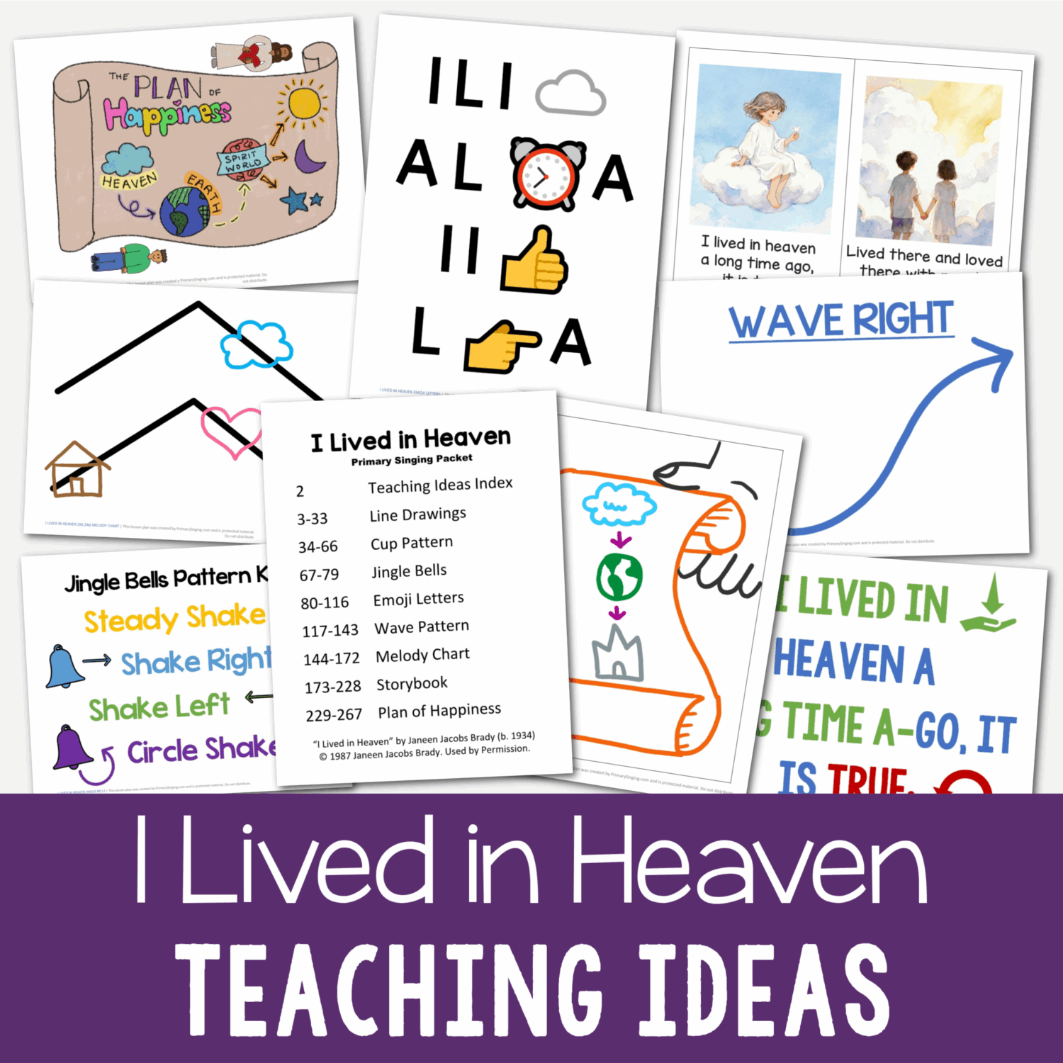 I Lived in Heaven Teaching Ideas packed full of resources to help you teach this Primary song during Singing Time! Includes line drawings, cup pattern, jingle bells, emoji letters, wave pattern, melody chart, storybook, plan of happiness teaching guide. Great resource packet for LDS Primary music leaders and families.