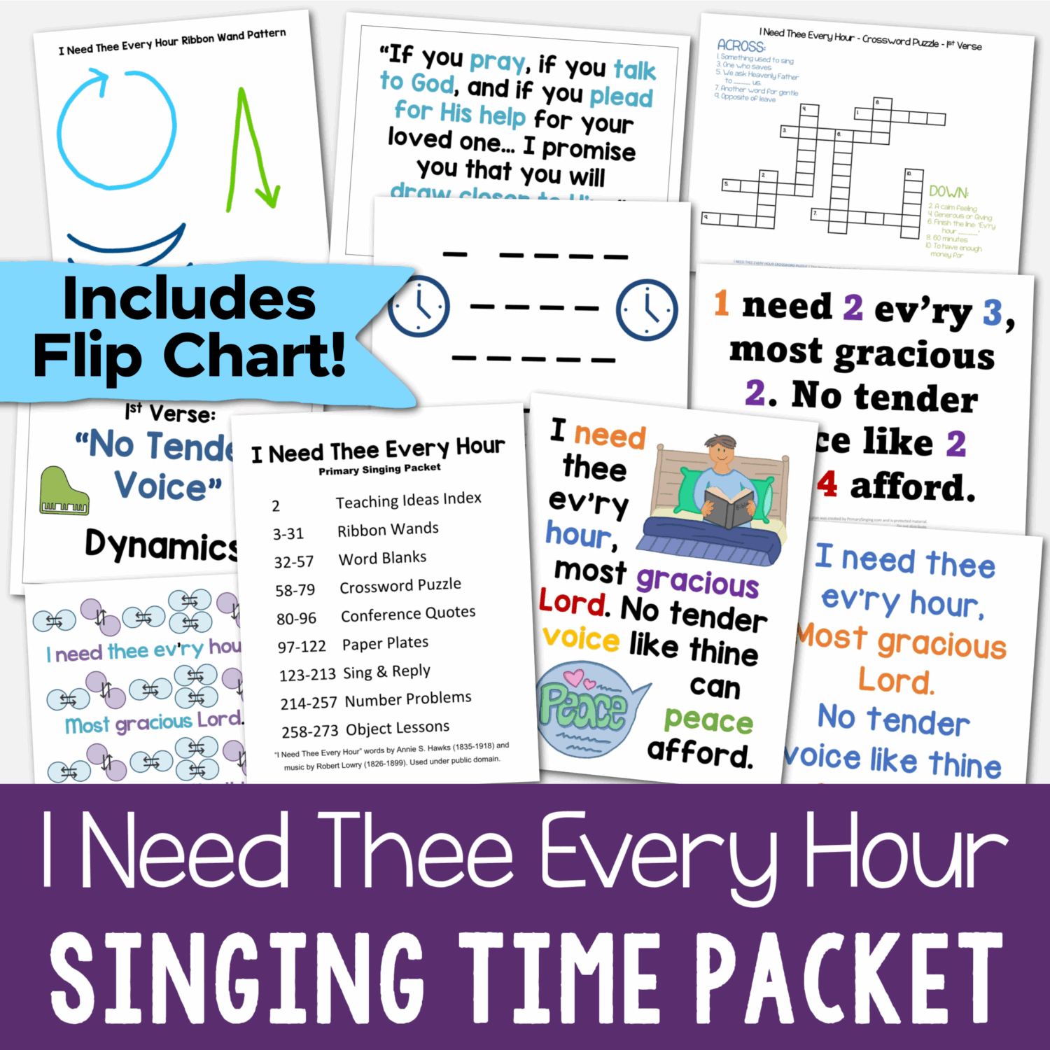 March Old Testament Primary Songs List 5 Shop I Need Thee Every Hour Teaching Ideas - Includes 8 fun teaching ideas and a custom illustrated flip chart for Singing Time including ribbon wands, crossword puzzles, number problems, object lessons, paper plates, and more! Primary Singing Time ideas and printable song helps for LDS Primary music leaders and families for Come Follow Me.