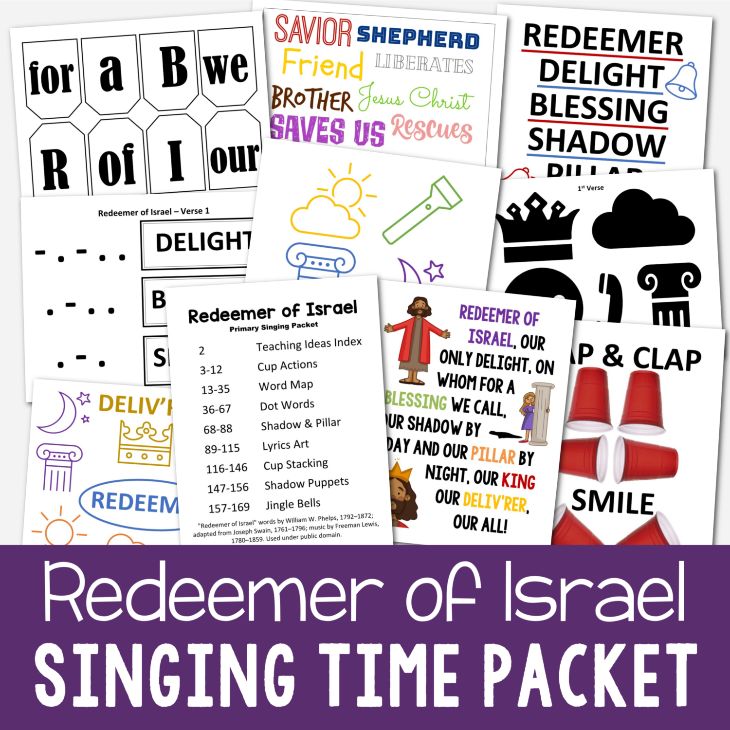 20 Redeemer of Israel Singing Time Ideas 2 Redeemer of Israel Singing Time packet includes 8 fun teaching ideas and activities with lesson plans to help you easily teach this song including and illustrated flip chart and cup actions, word map, dot words, shadow & pillar object lesson, lyrics art, cup stacking, shadow puppets, and jingle bells. Printable song helps for LDS Primary music leaders and Come Follow Me for Families.