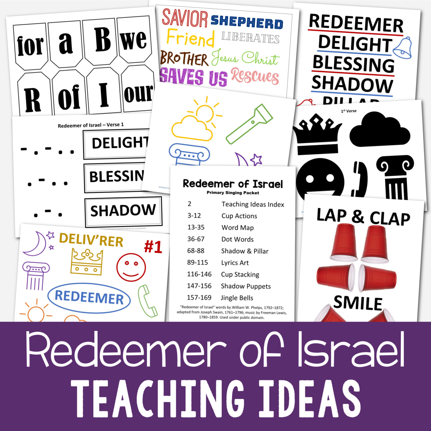 Redeemer of Israel Teaching Ideas includes 8 fun Singing Time activities and lesson plans to help you easily teach this song including cup actions, word map, dot words, shadow & pillar object lesson, lyrics art, cup stacking, shadow puppets, and jingle bells. Printable song helps for LDS Primary music leaders and Come Follow Me for Families.